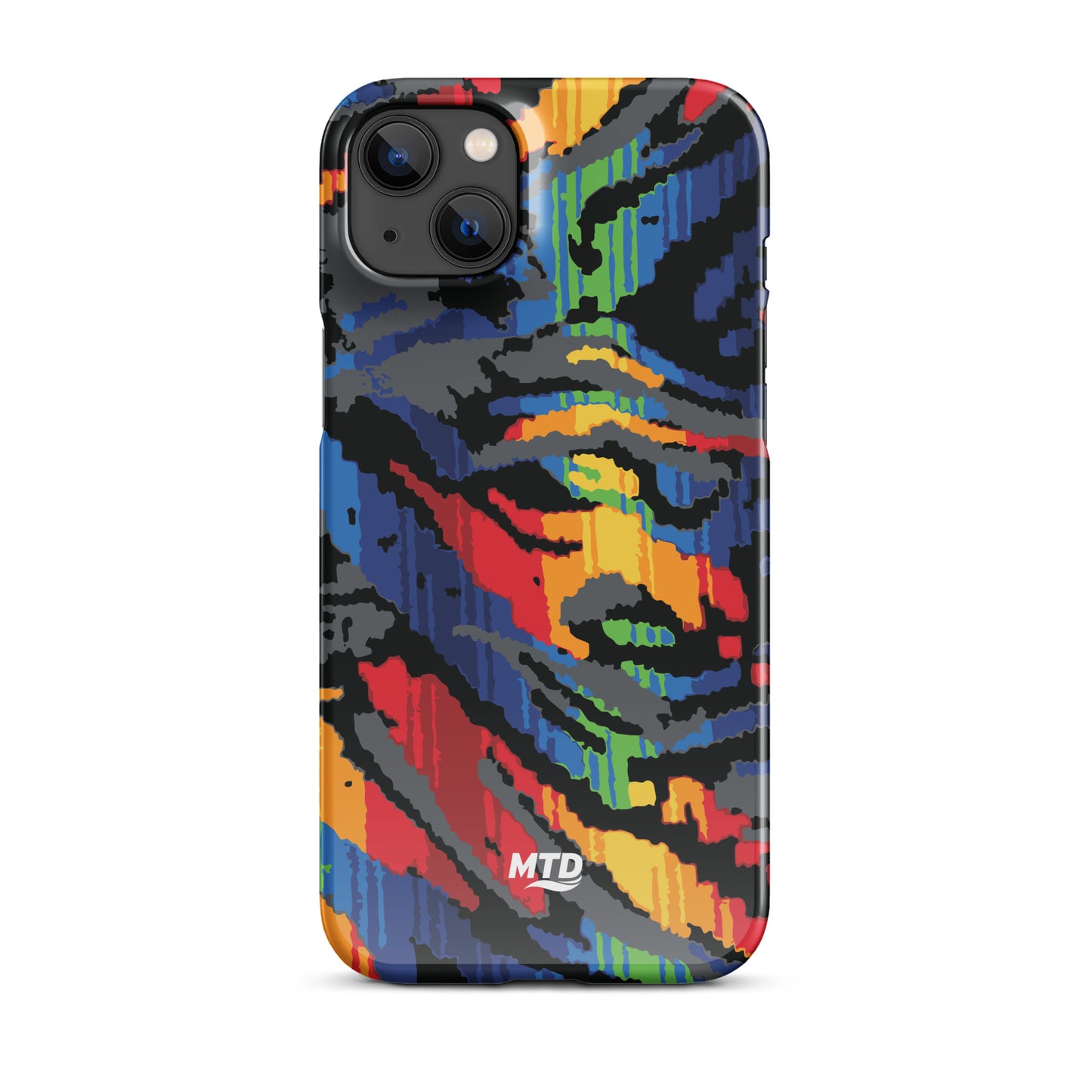 Phone case with colorful MTD bus seat pattern.