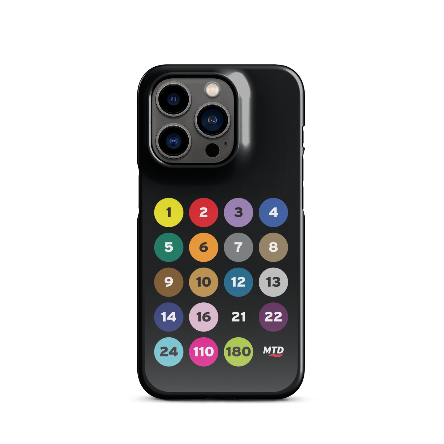 Black phone case with colorful circles and numbers representing MTD routes.