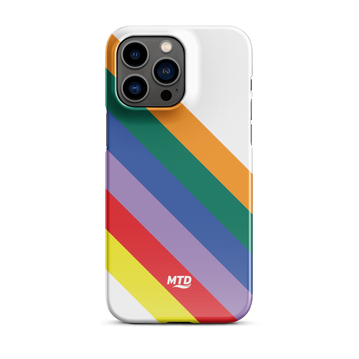 White phone case with six colored lines running diagonally in the center.