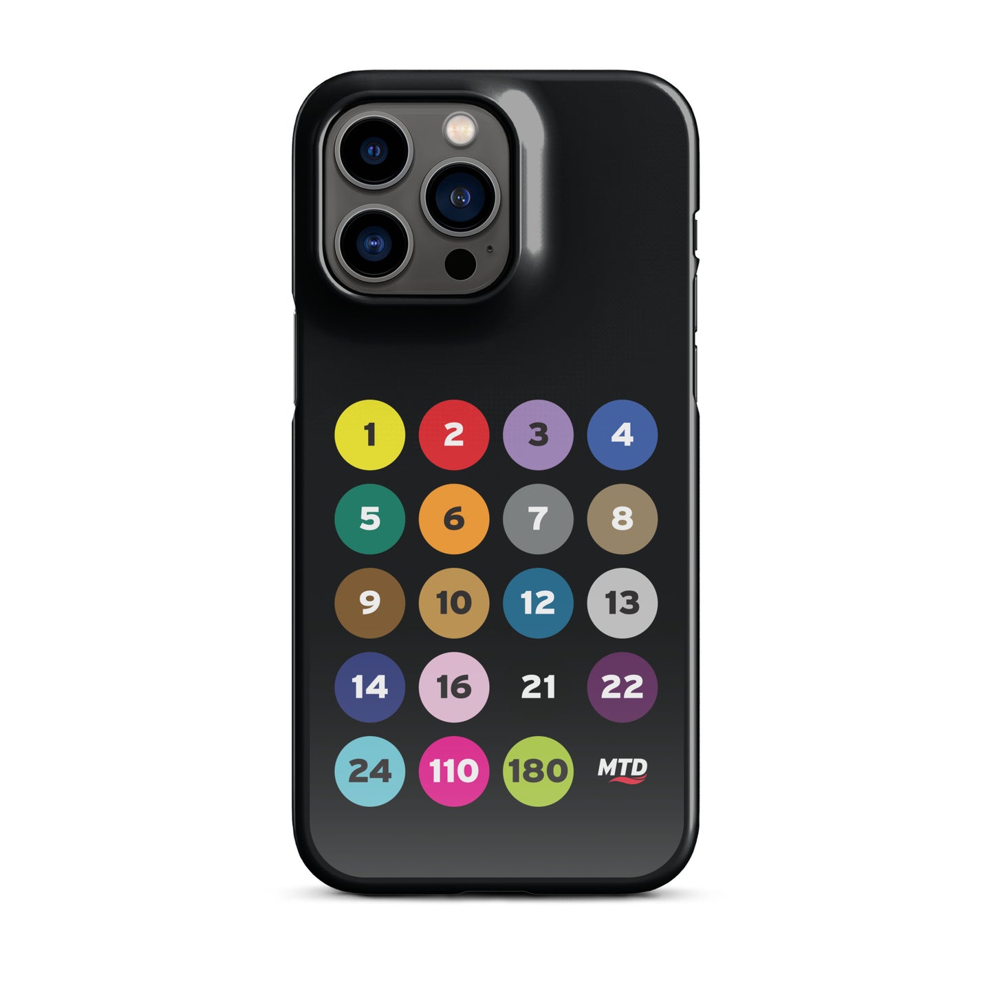 Black phone case with colorful circles and numbers representing MTD routes.