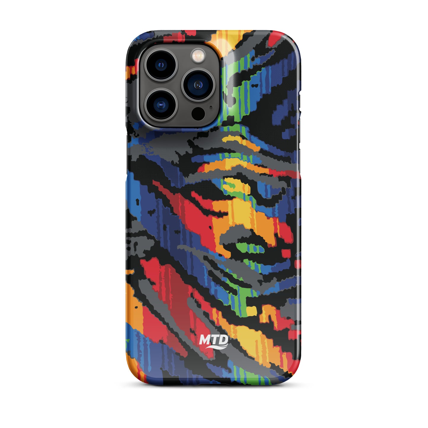 Phone case with colorful MTD bus seat pattern.
