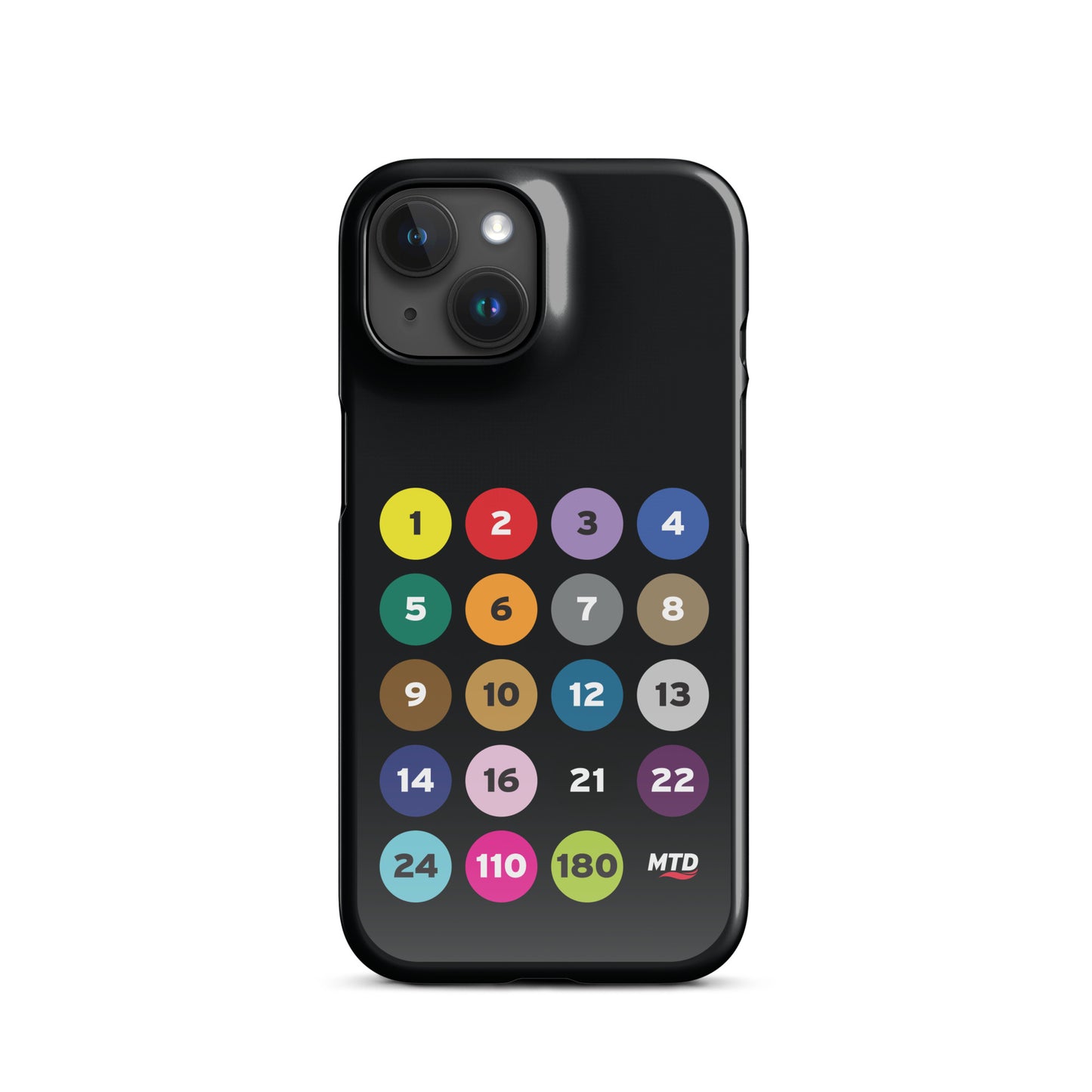 Black phone case with colorful circles and numbers representing MTD routes.
