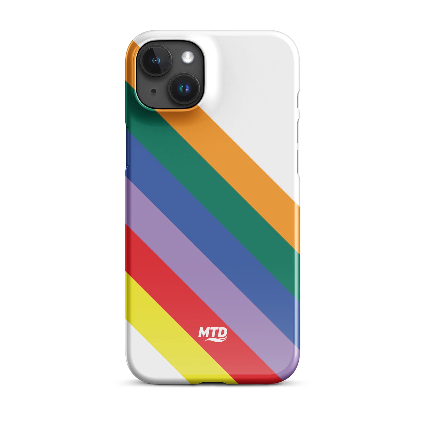 White phone case with six colored lines running diagonally in the center.
