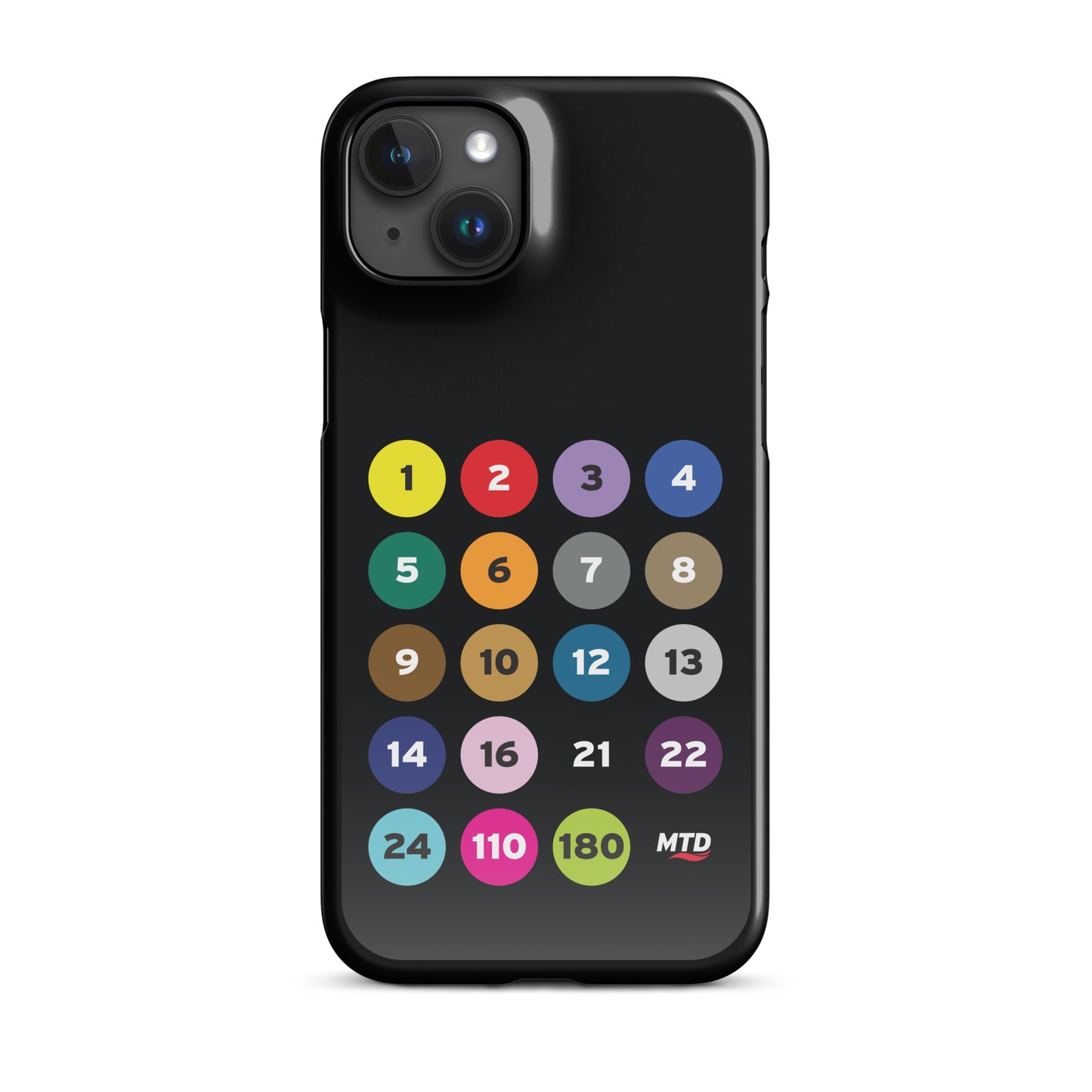 Black phone case with colorful circles and numbers representing MTD routes.
