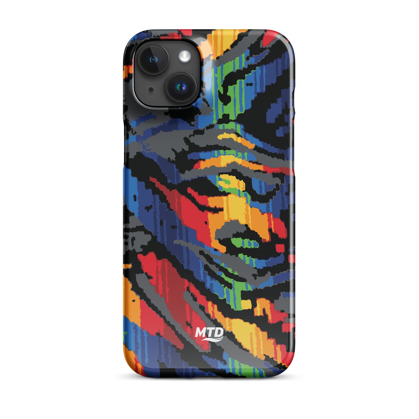 Phone case with colorful MTD bus seat pattern.