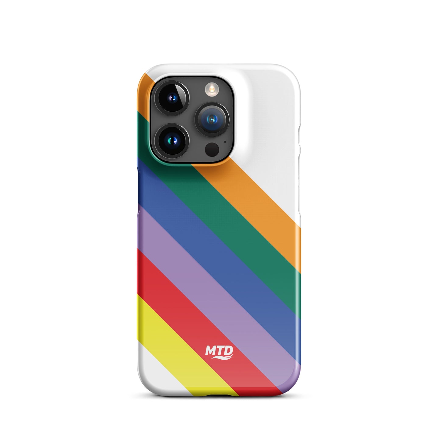 White phone case with six colored lines running diagonally in the center.
