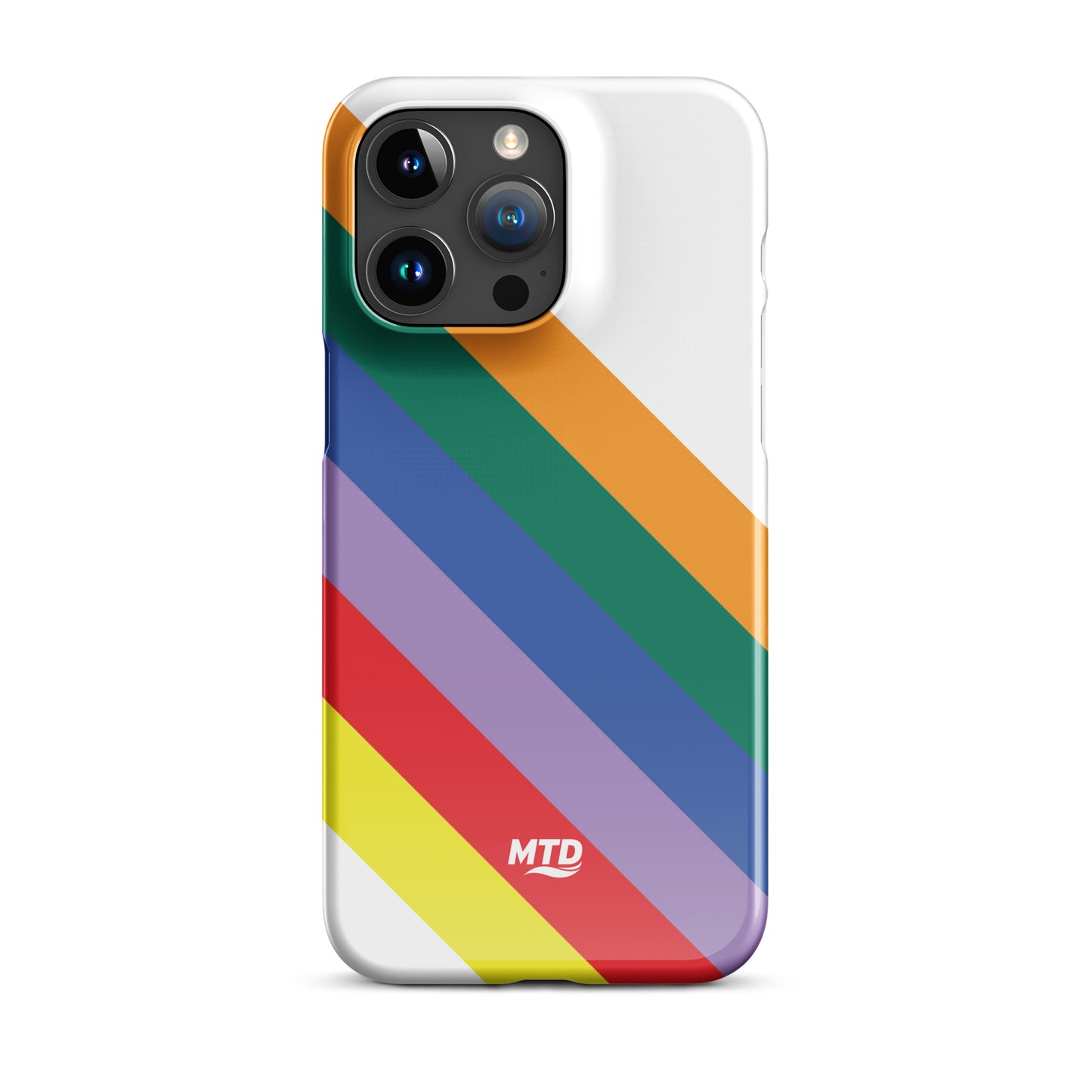 White phone case with six colored lines running diagonally in the center.