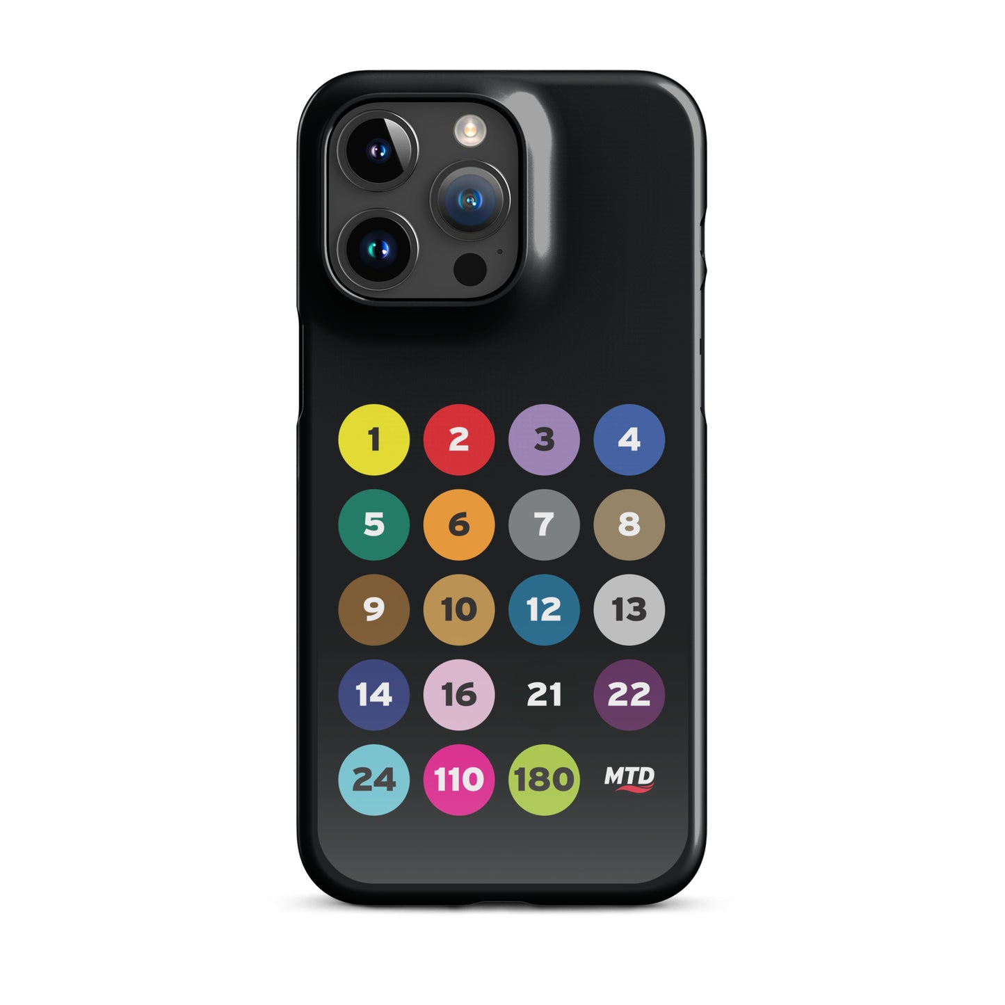 Black phone case with colorful circles and numbers representing MTD routes.