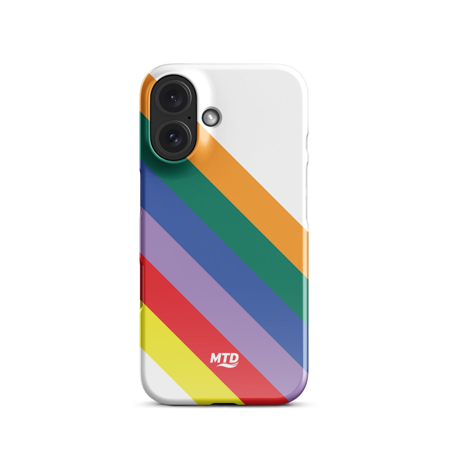 White phone case with six colored lines running diagonally in the center.