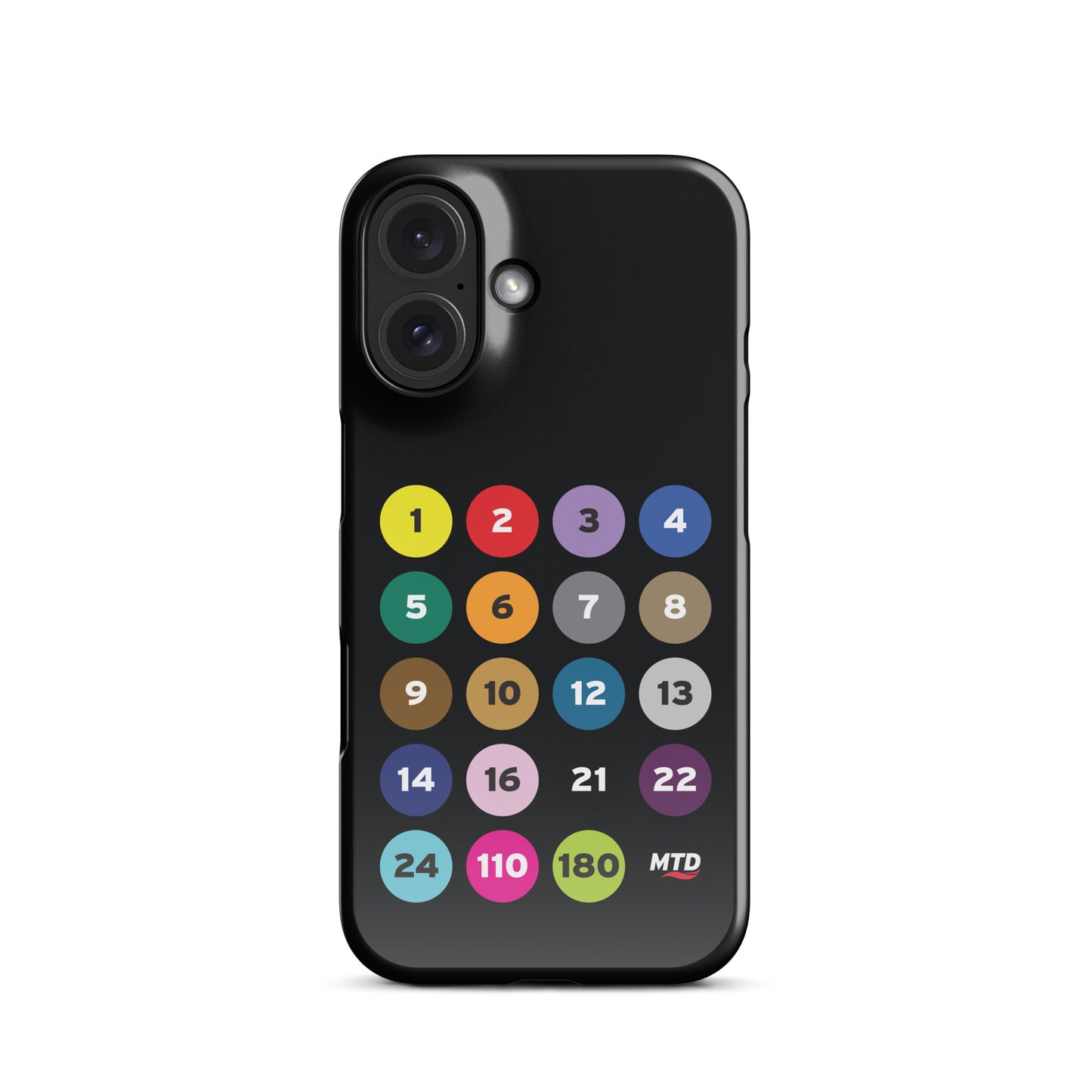 Black phone case with colorful circles and numbers representing MTD routes.