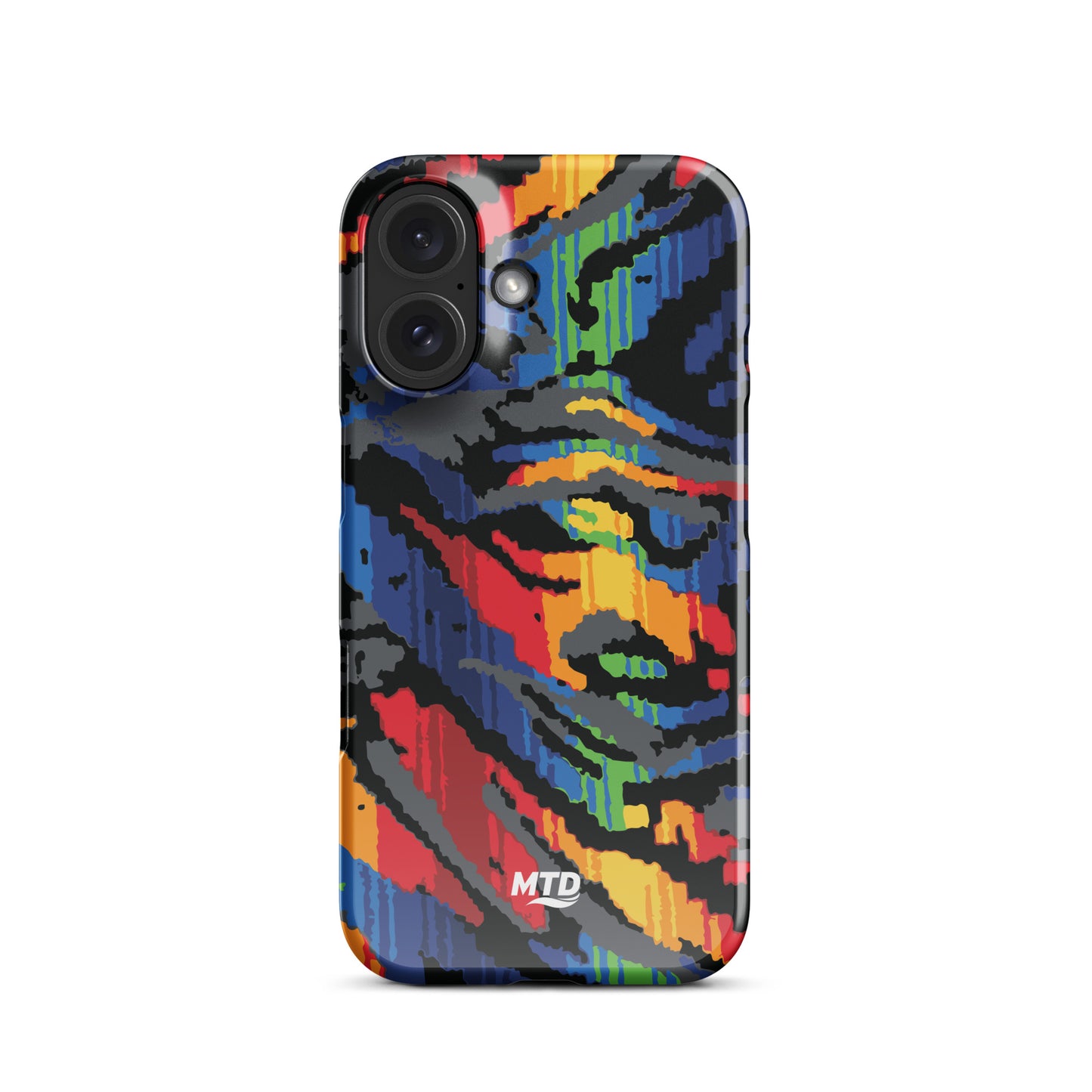Phone case with colorful MTD bus seat pattern.