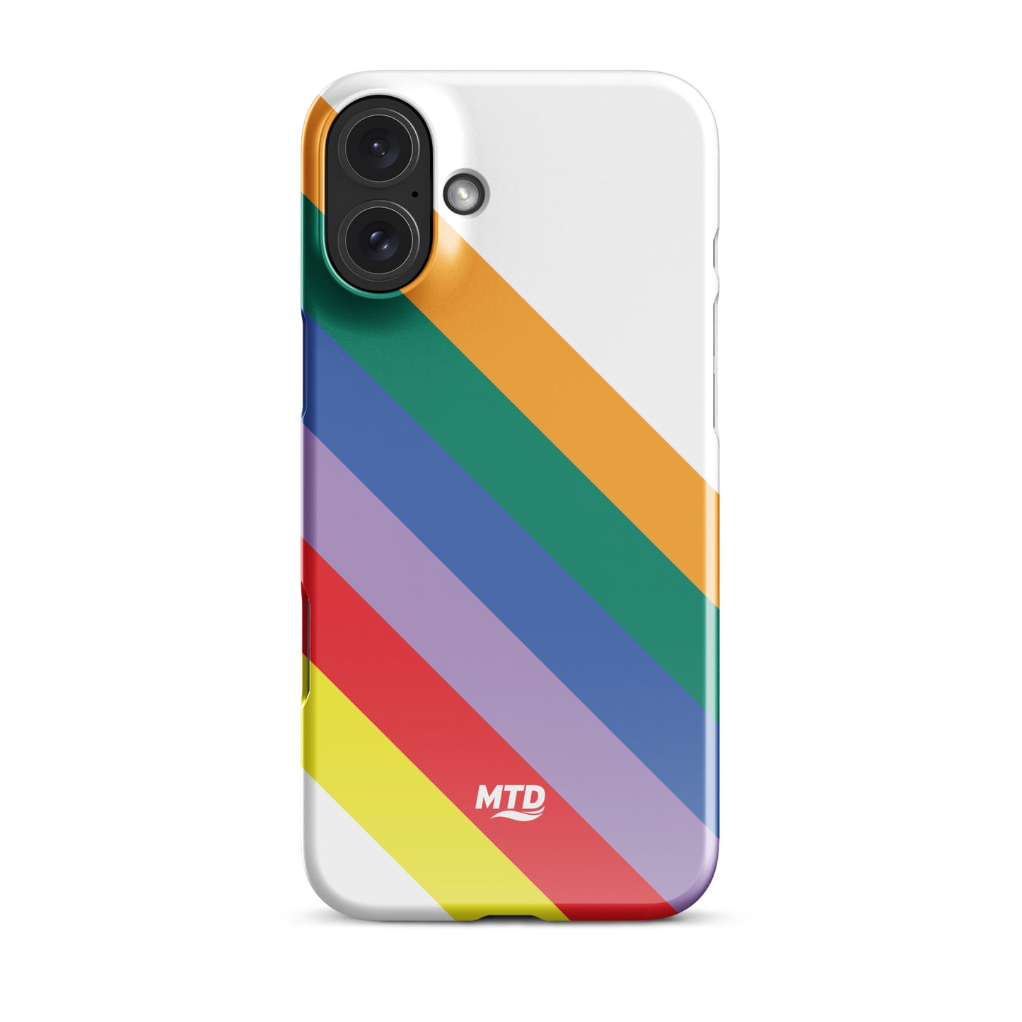 White phone case with six colored lines running diagonally in the center.