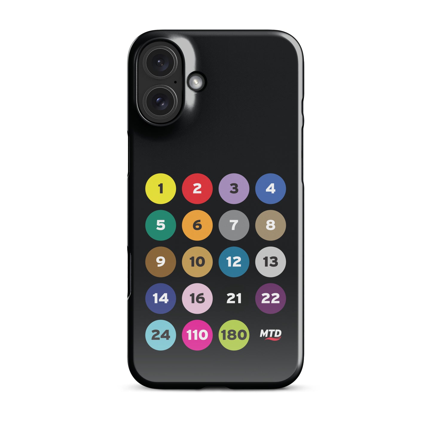 Black phone case with colorful circles and numbers representing MTD routes.