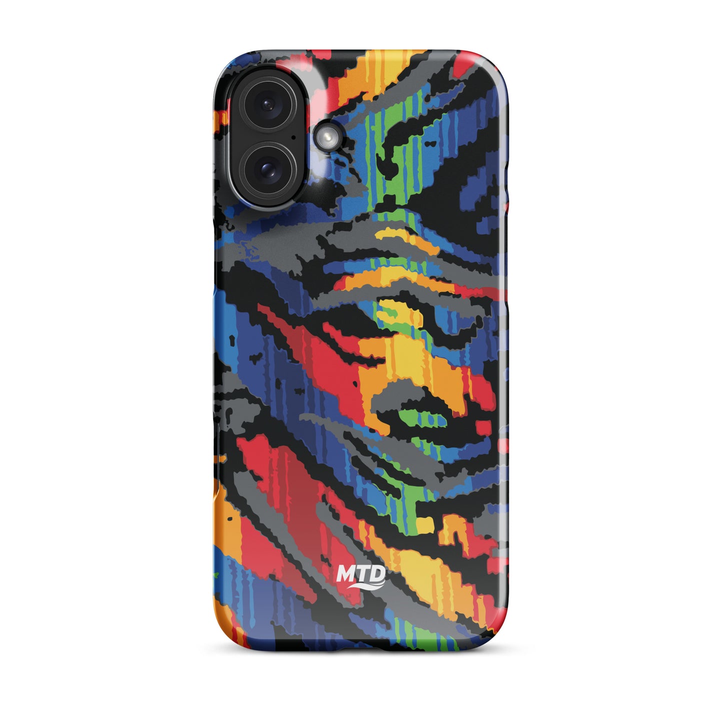 Phone case with colorful MTD bus seat pattern.