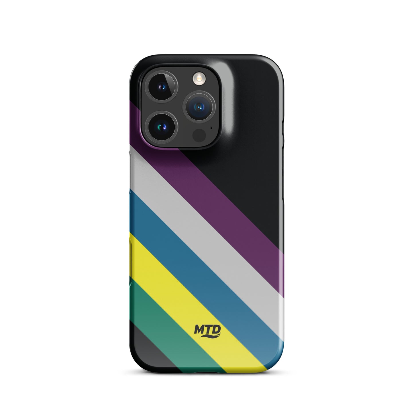 Black phone case with five colored lines running diagonally in the center.
