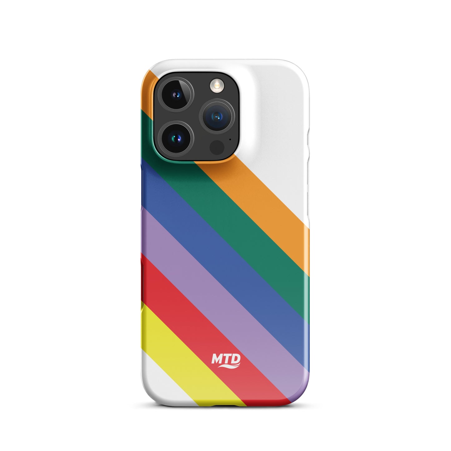 White phone case with six colored lines running diagonally in the center.