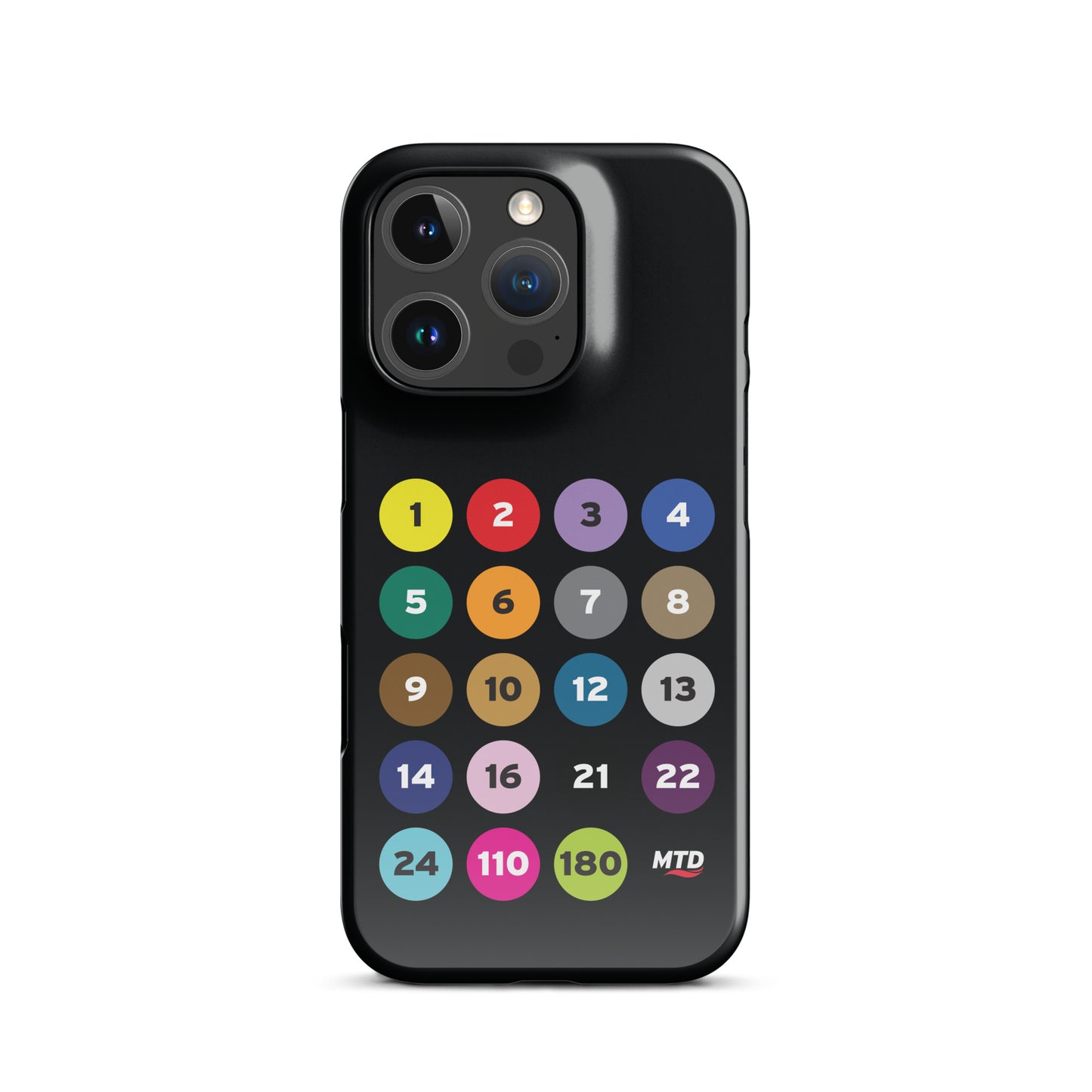 Black phone case with colorful circles and numbers representing MTD routes.