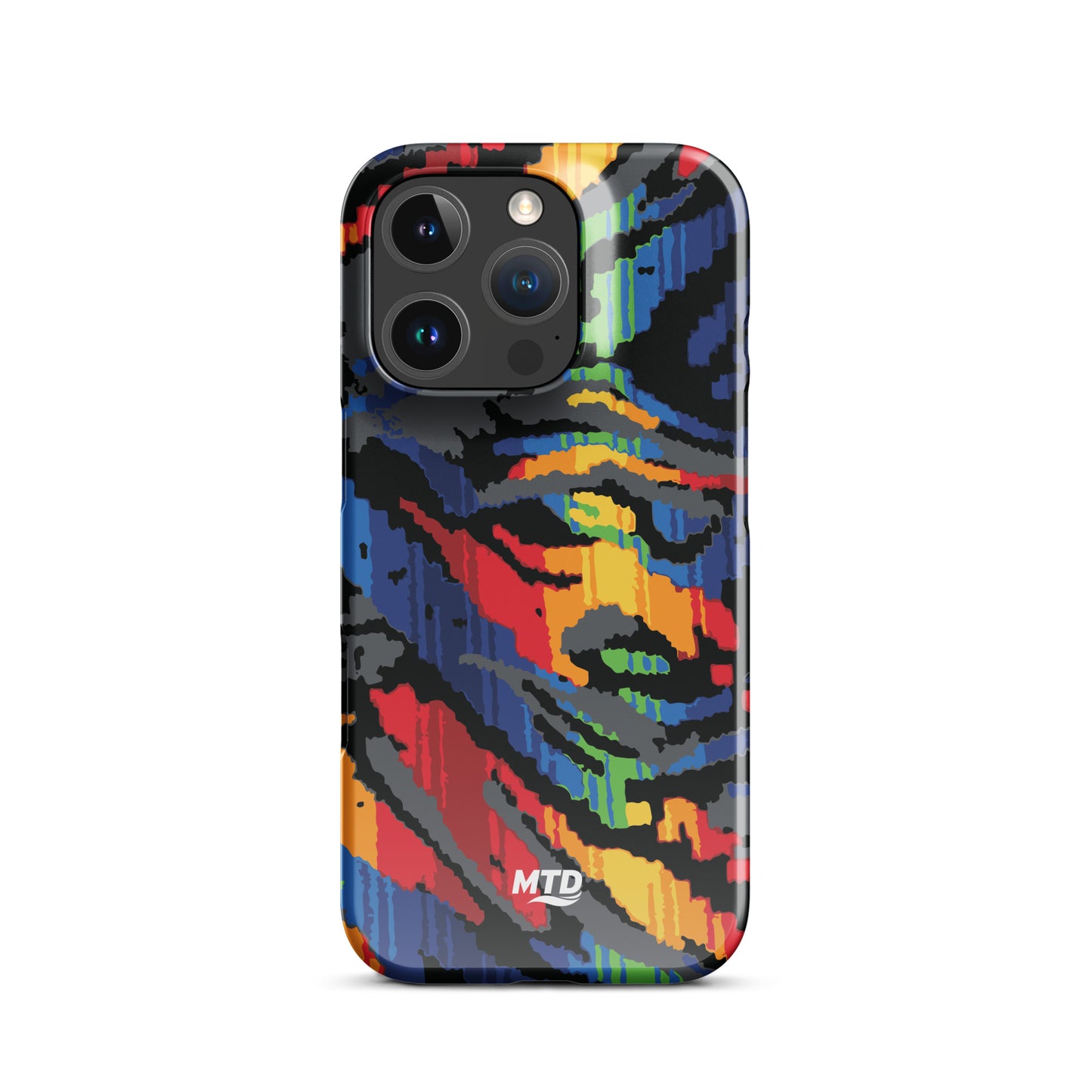 Phone case with colorful MTD bus seat pattern.