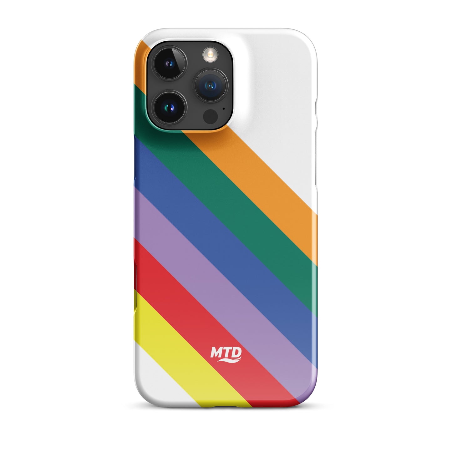 White phone case with six colored lines running diagonally in the center.