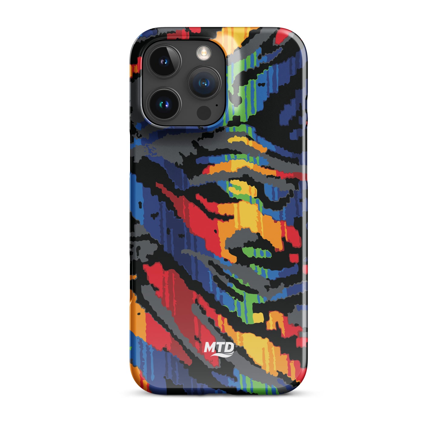 Phone case with colorful MTD bus seat pattern.