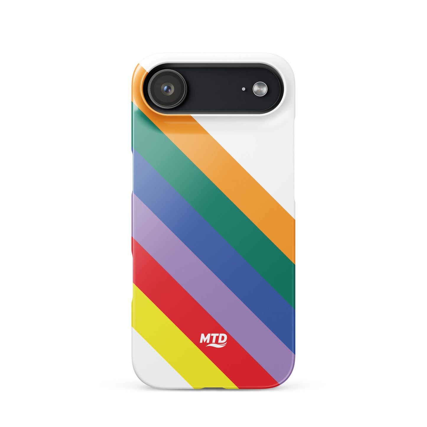 White phone case with six colored lines running diagonally in the center.