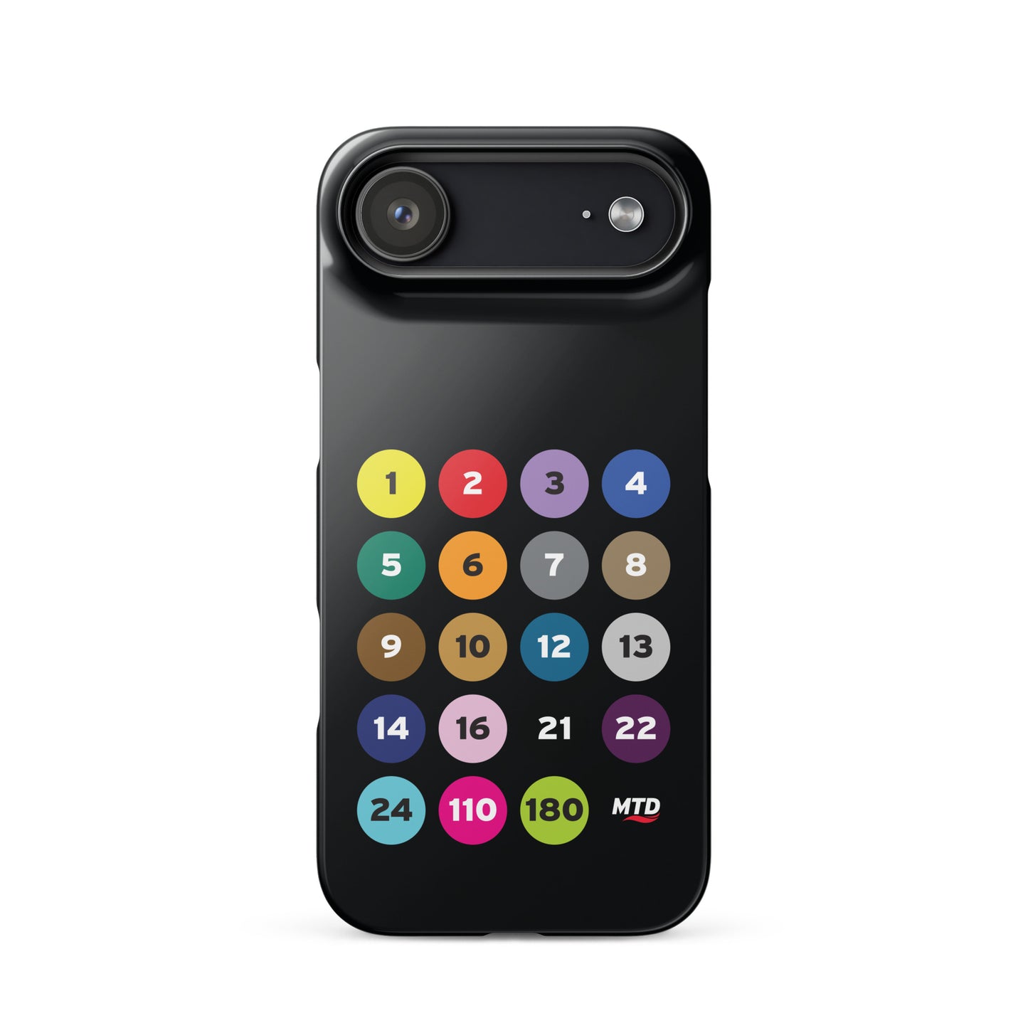Black phone case with colorful circles and numbers representing MTD routes.