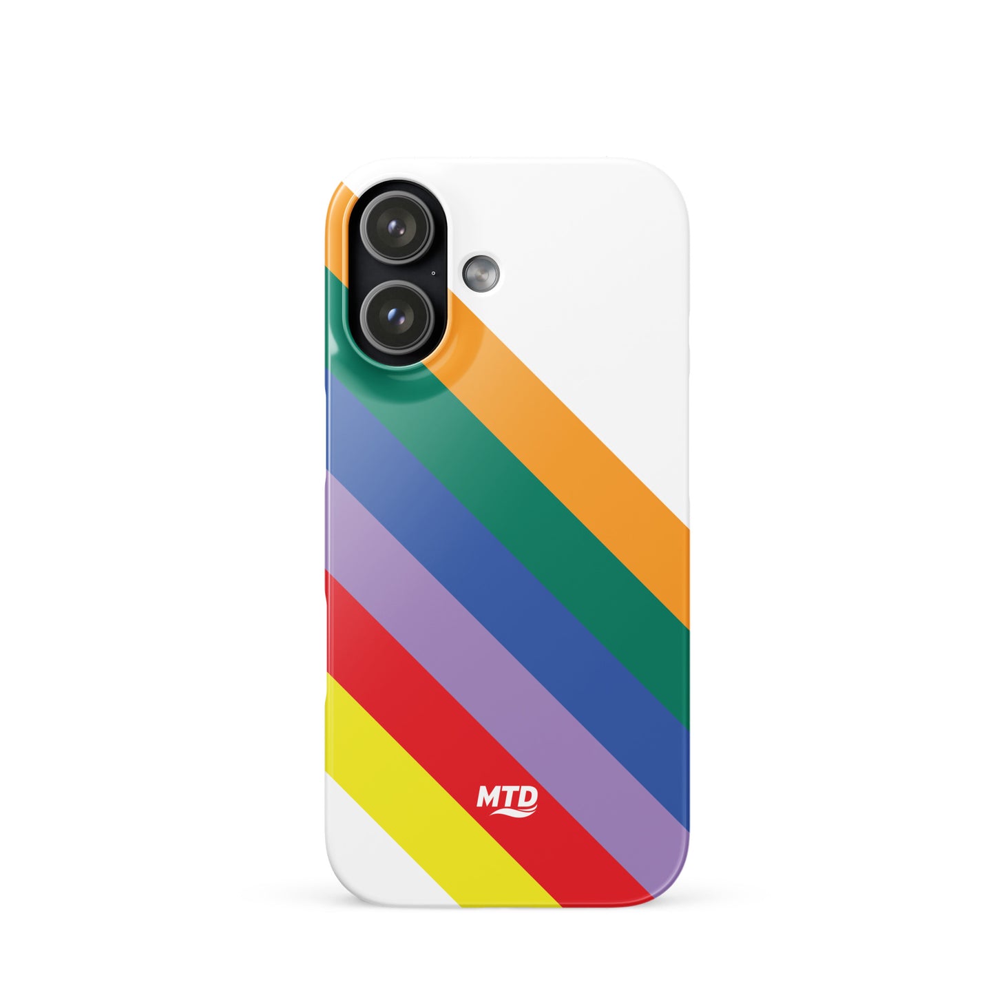 White phone case with six colored lines running diagonally in the center.