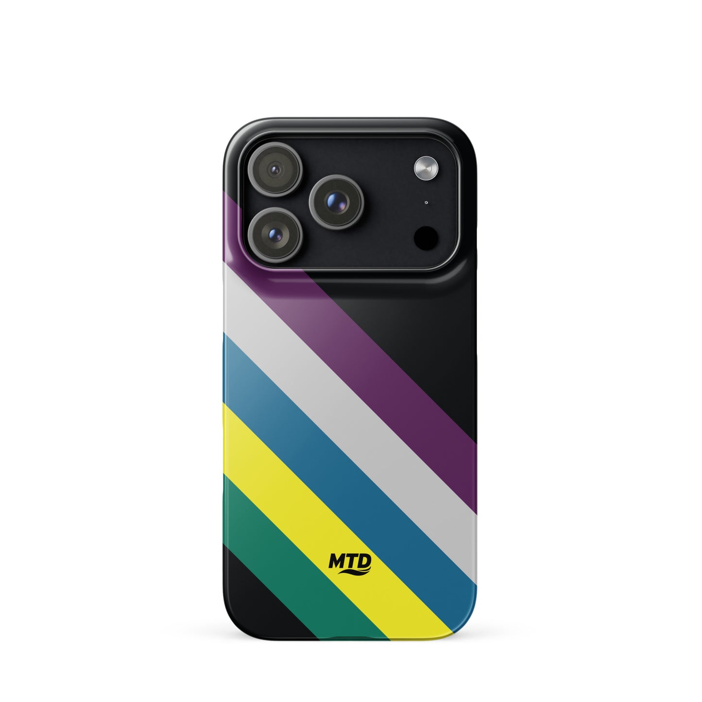 Black phone case with five colored lines running diagonally in the center.