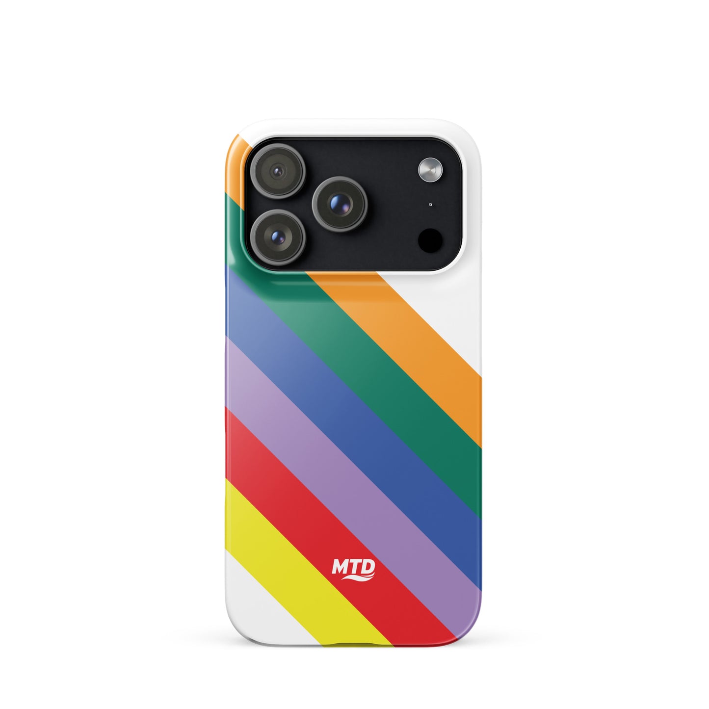White phone case with six colored lines running diagonally in the center.