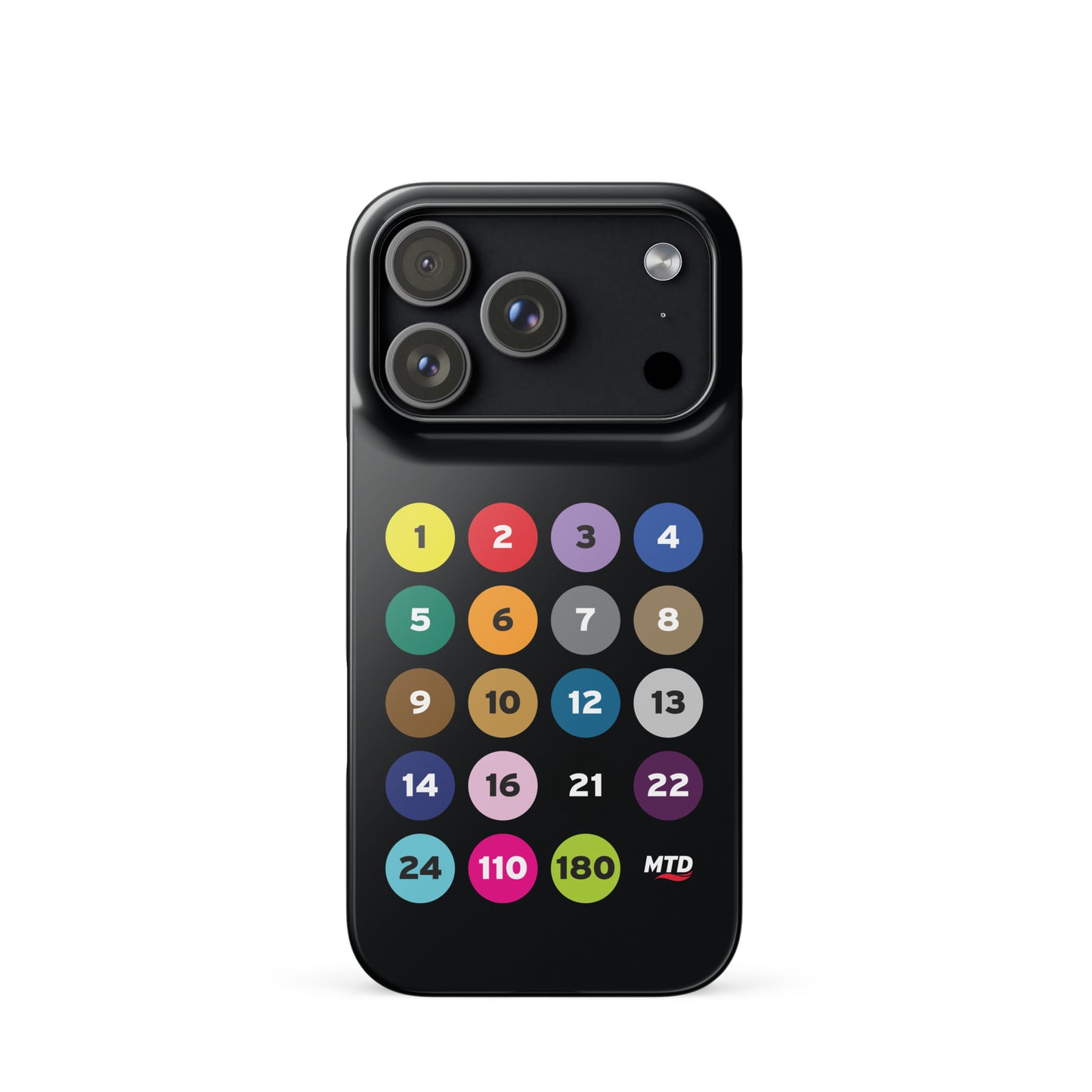 Black phone case with colorful circles and numbers representing MTD routes.
