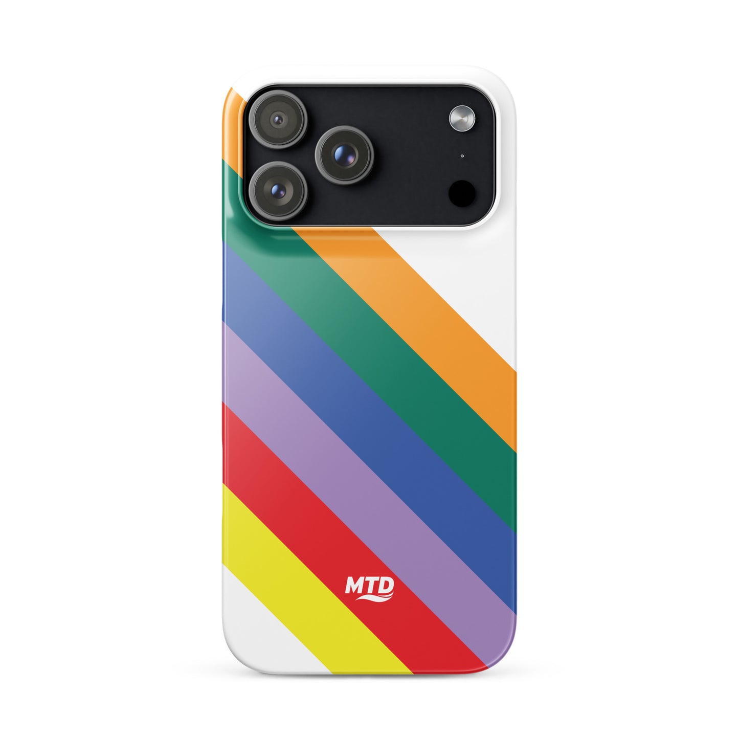 White phone case with six colored lines running diagonally in the center.