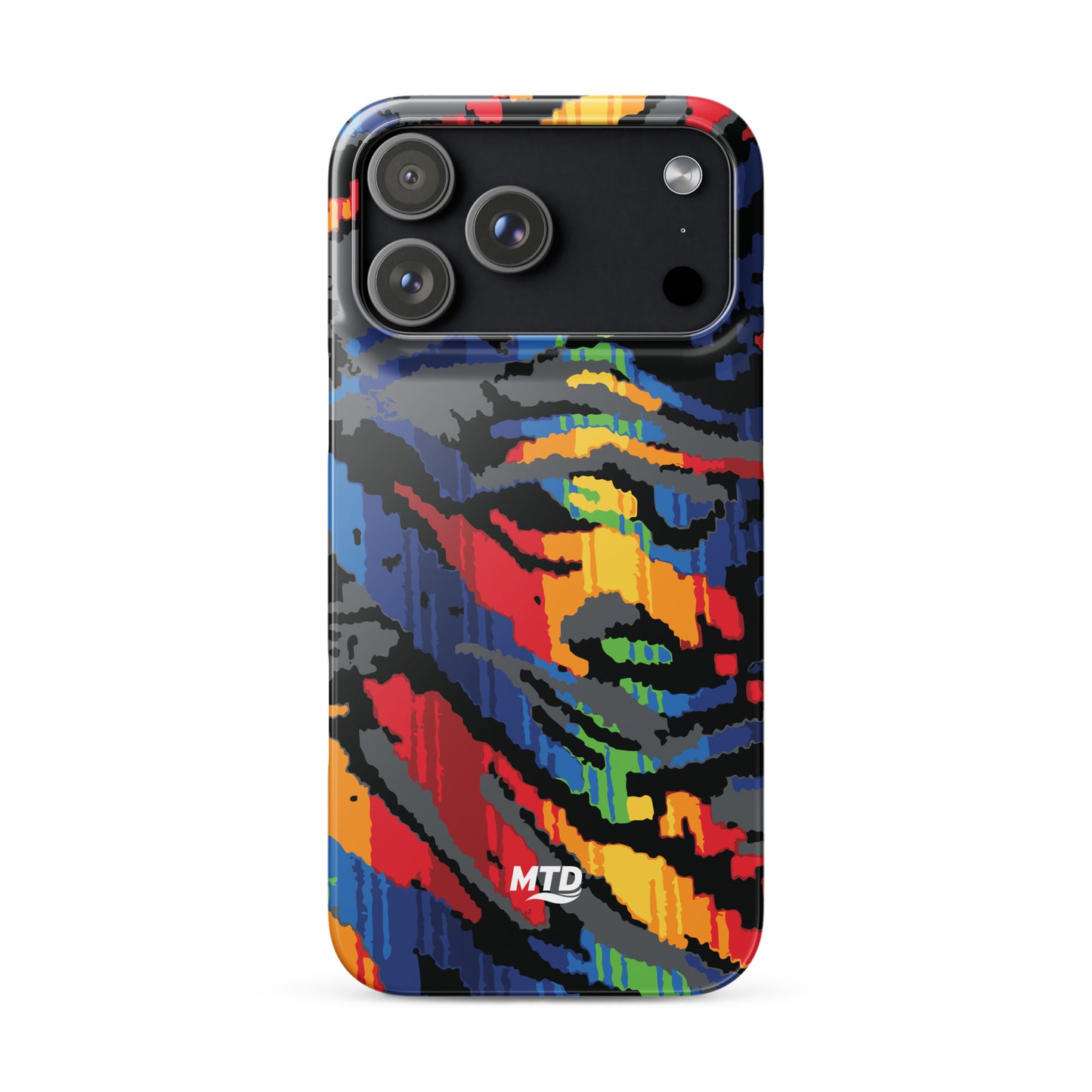 Phone case with colorful MTD bus seat pattern.