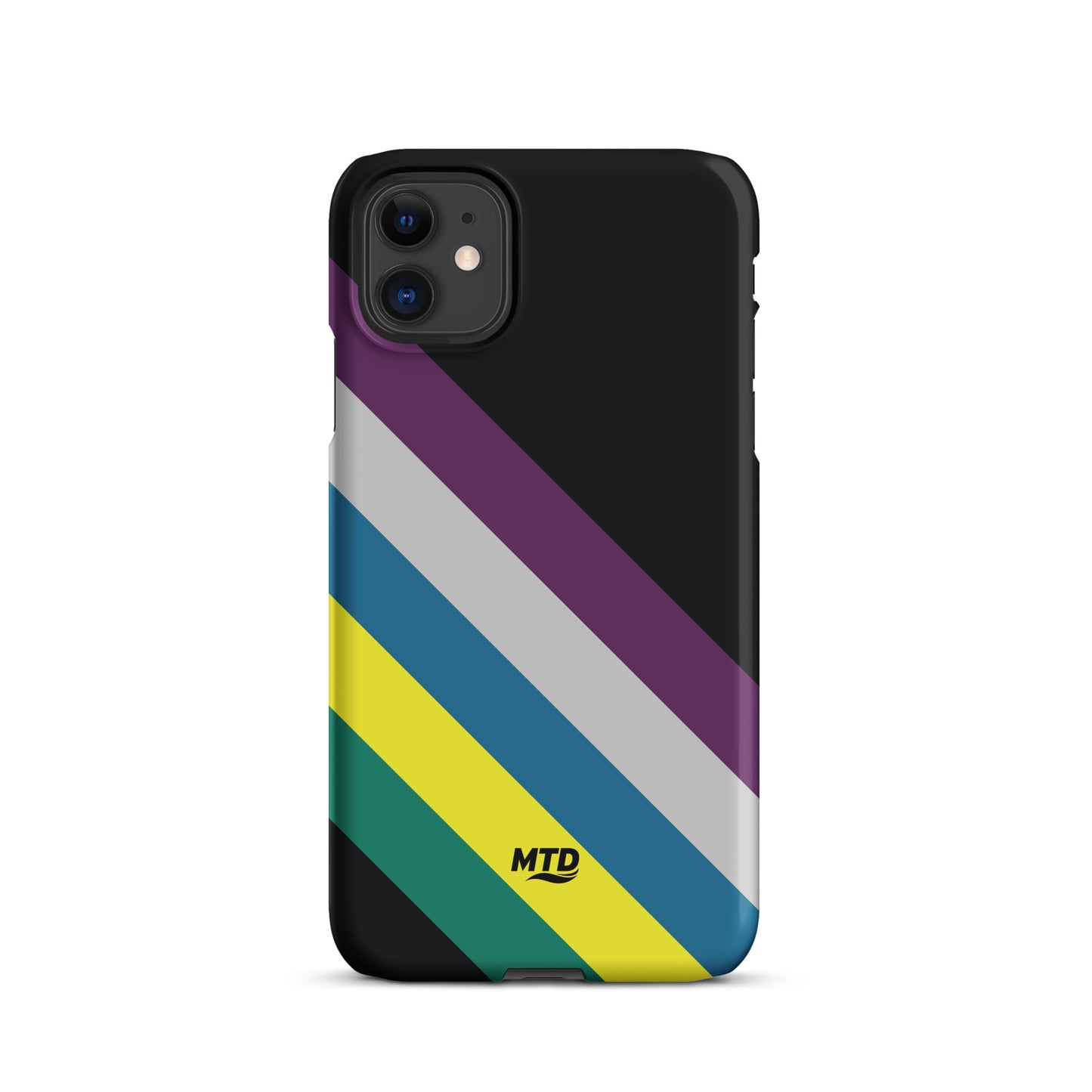 Black phone case with five colored lines running diagonally in the center.
