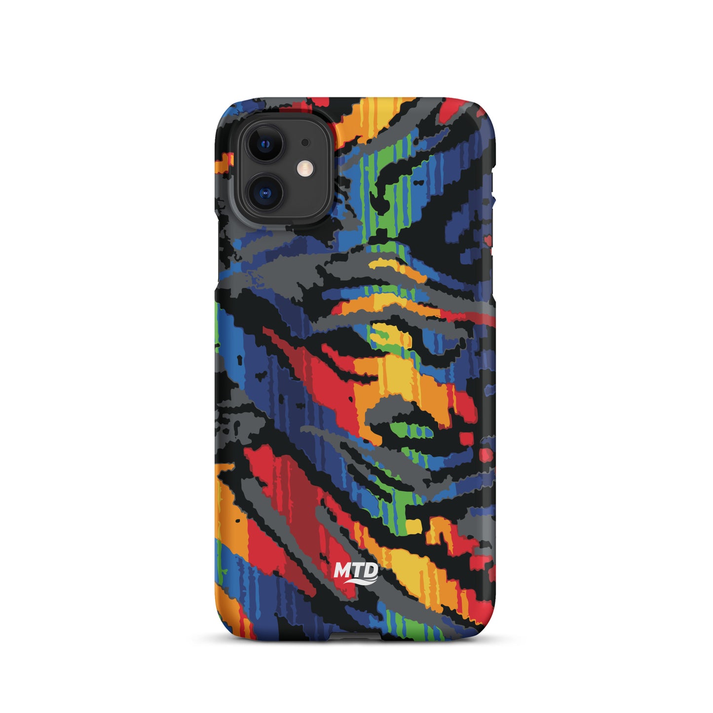 Phone case with colorful MTD bus seat pattern.