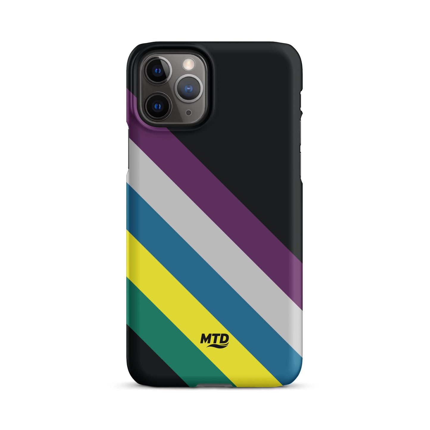 Black phone case with five colored lines running diagonally in the center.