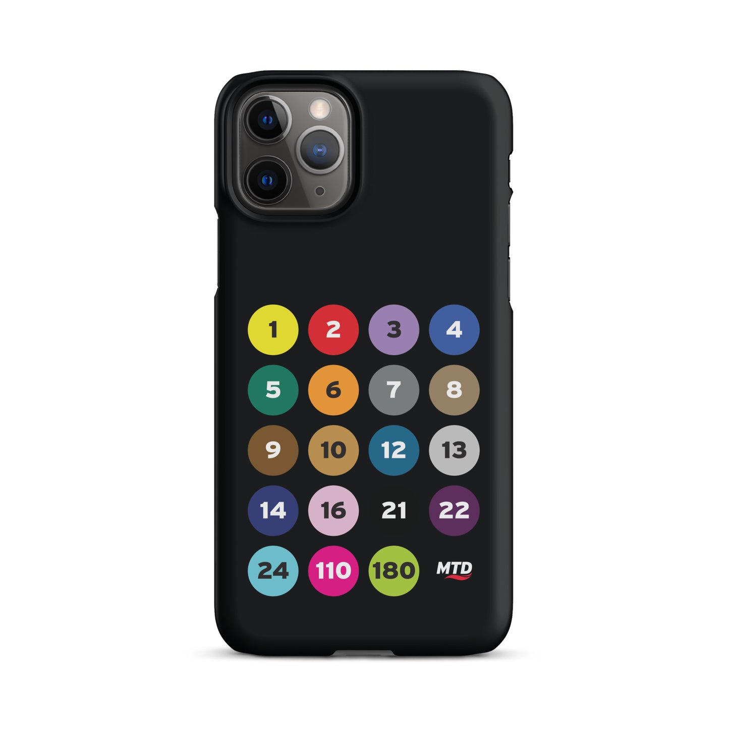 Black phone case with colorful circles and numbers representing MTD routes.