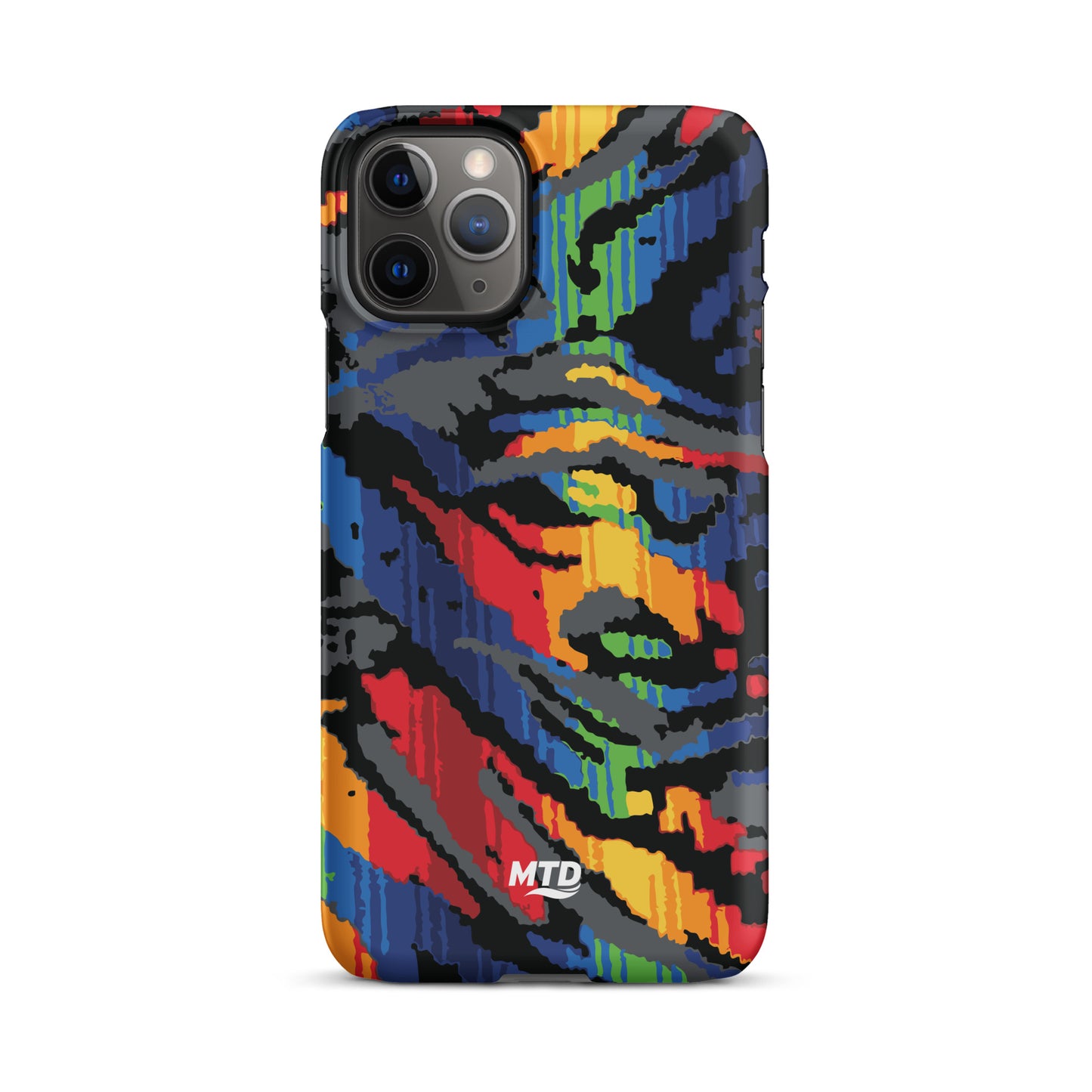 Phone case with colorful MTD bus seat pattern.