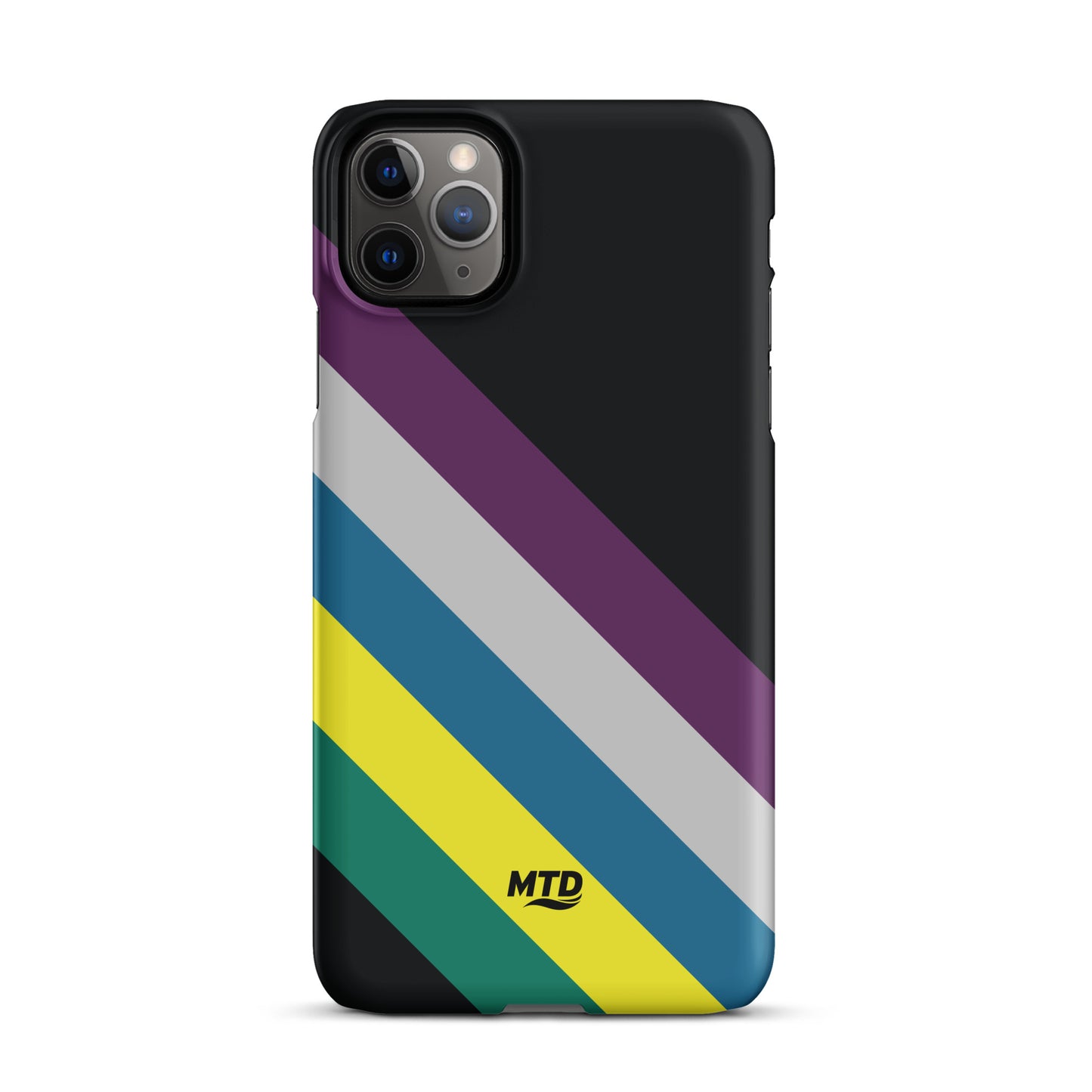 Black phone case with five colored lines running diagonally in the center.