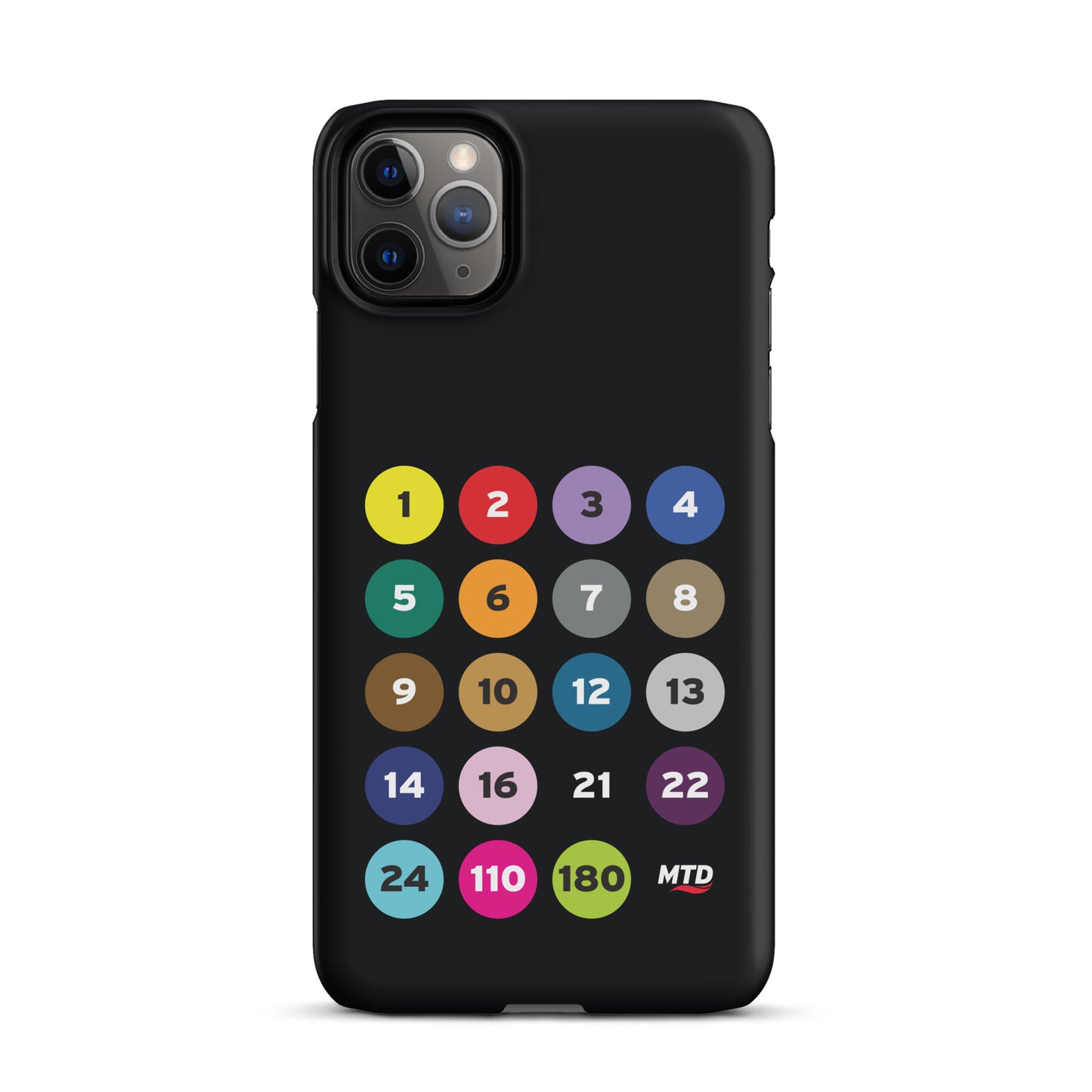 Black phone case with colorful circles and numbers representing MTD routes.