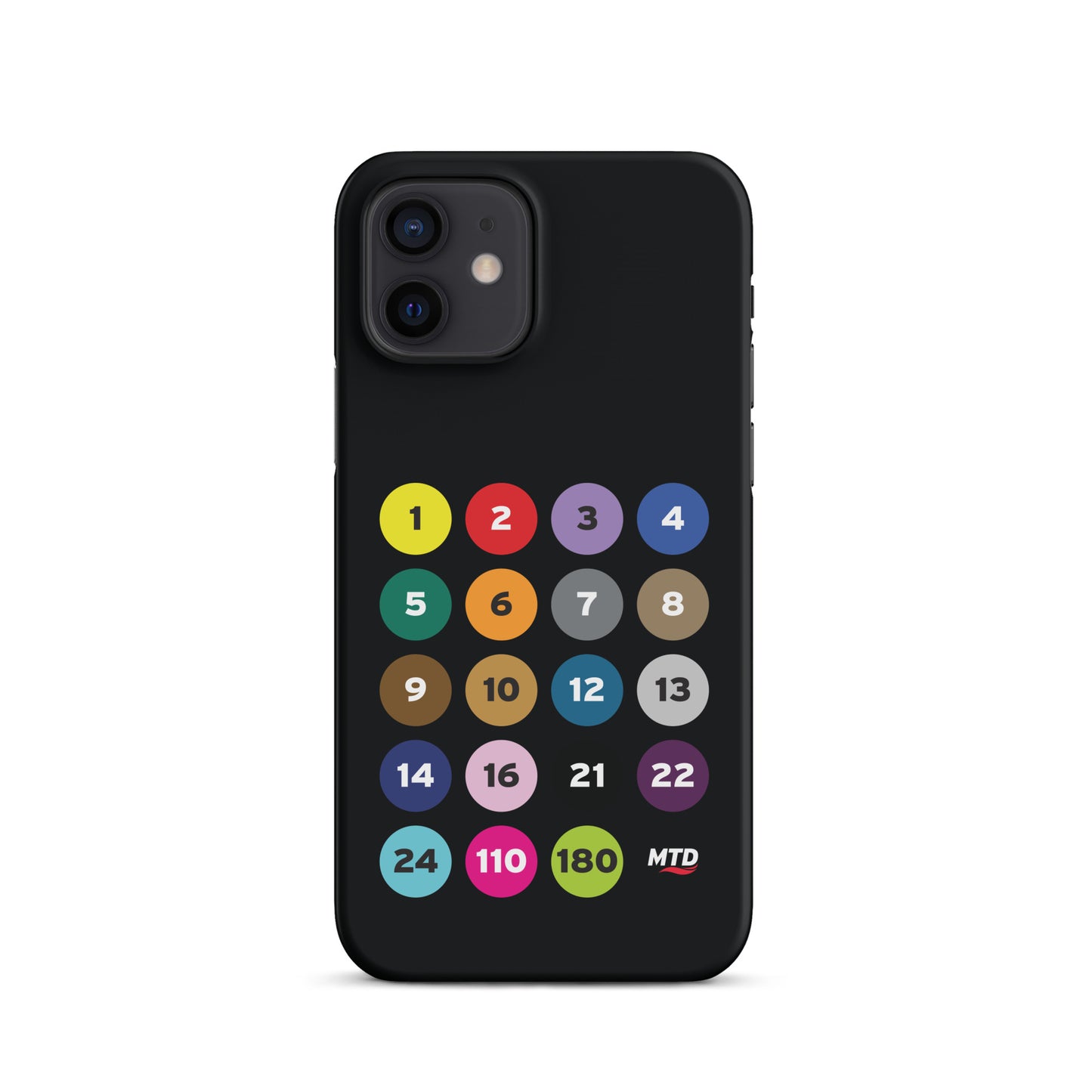 Black phone case with colorful circles and numbers representing MTD routes.