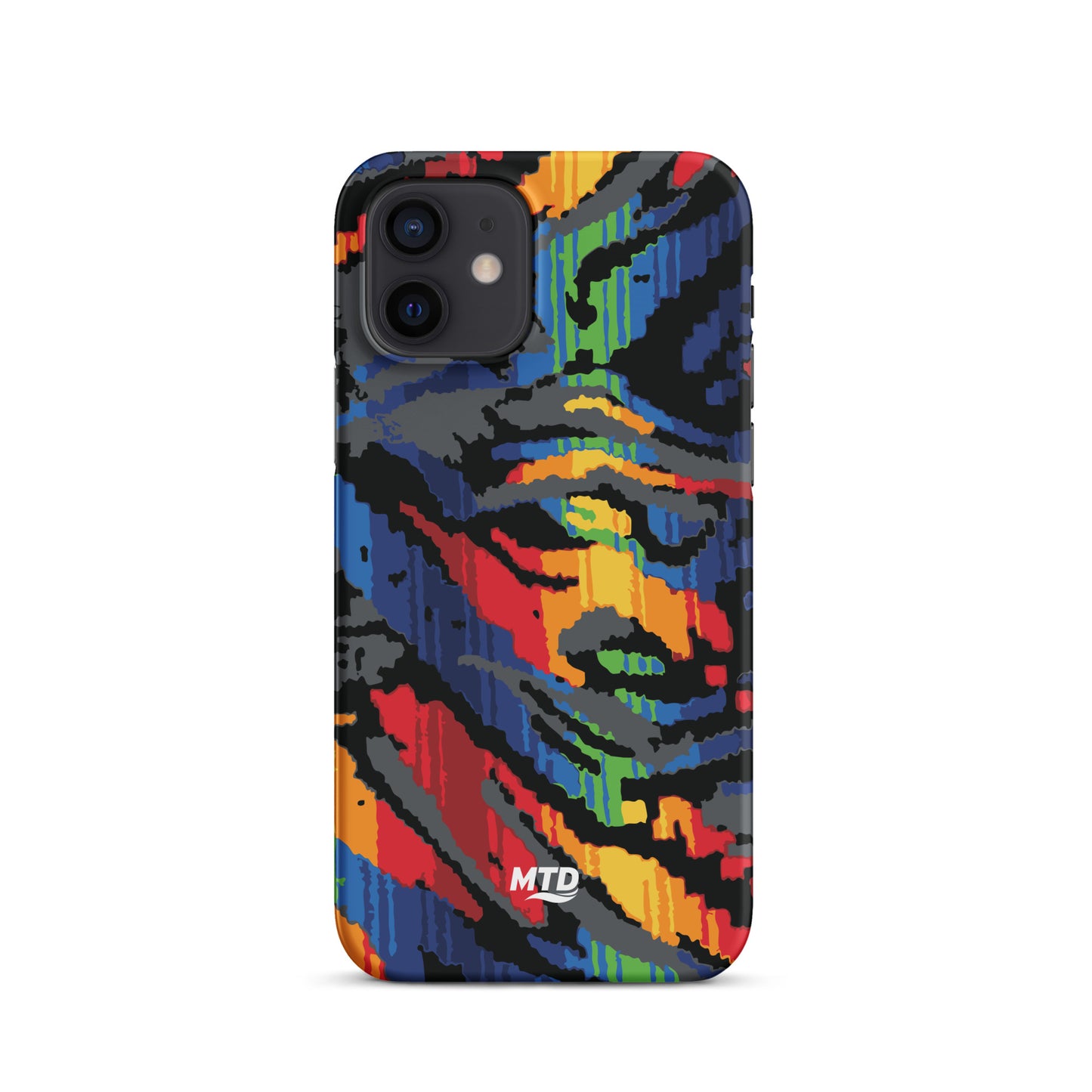 Phone case with colorful MTD bus seat pattern.