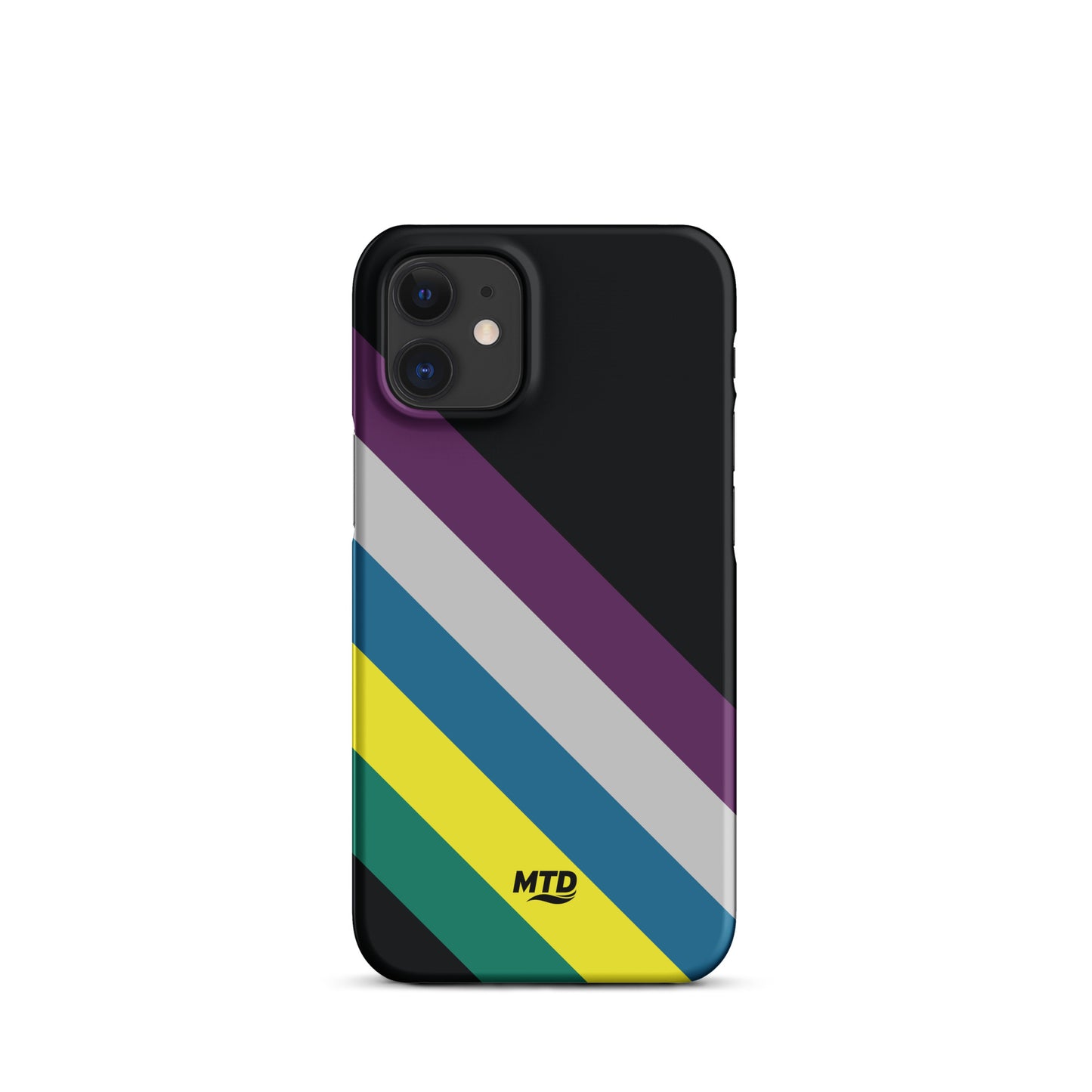 Black phone case with five colored lines running diagonally in the center.