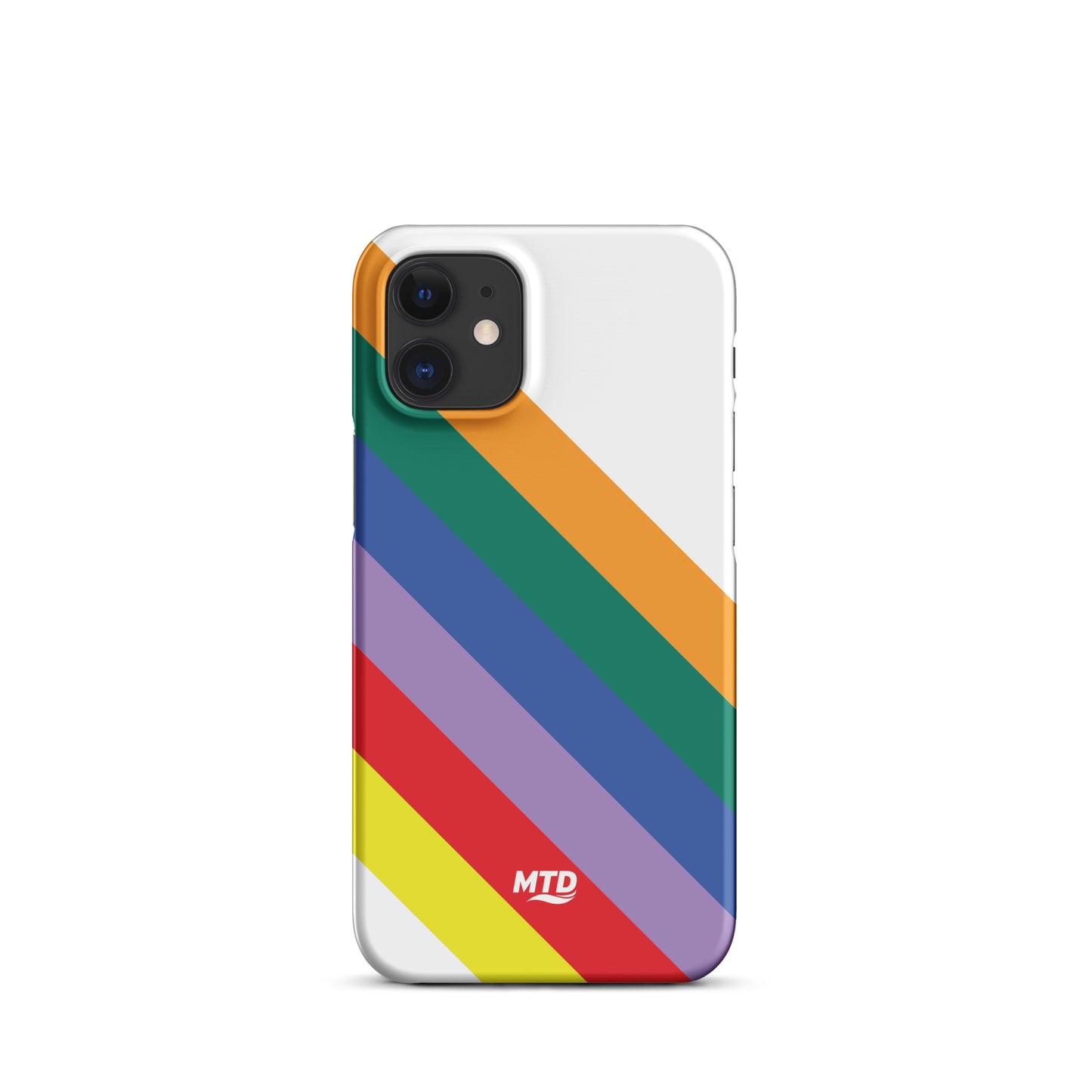 White phone case with six colored lines running diagonally in the center.