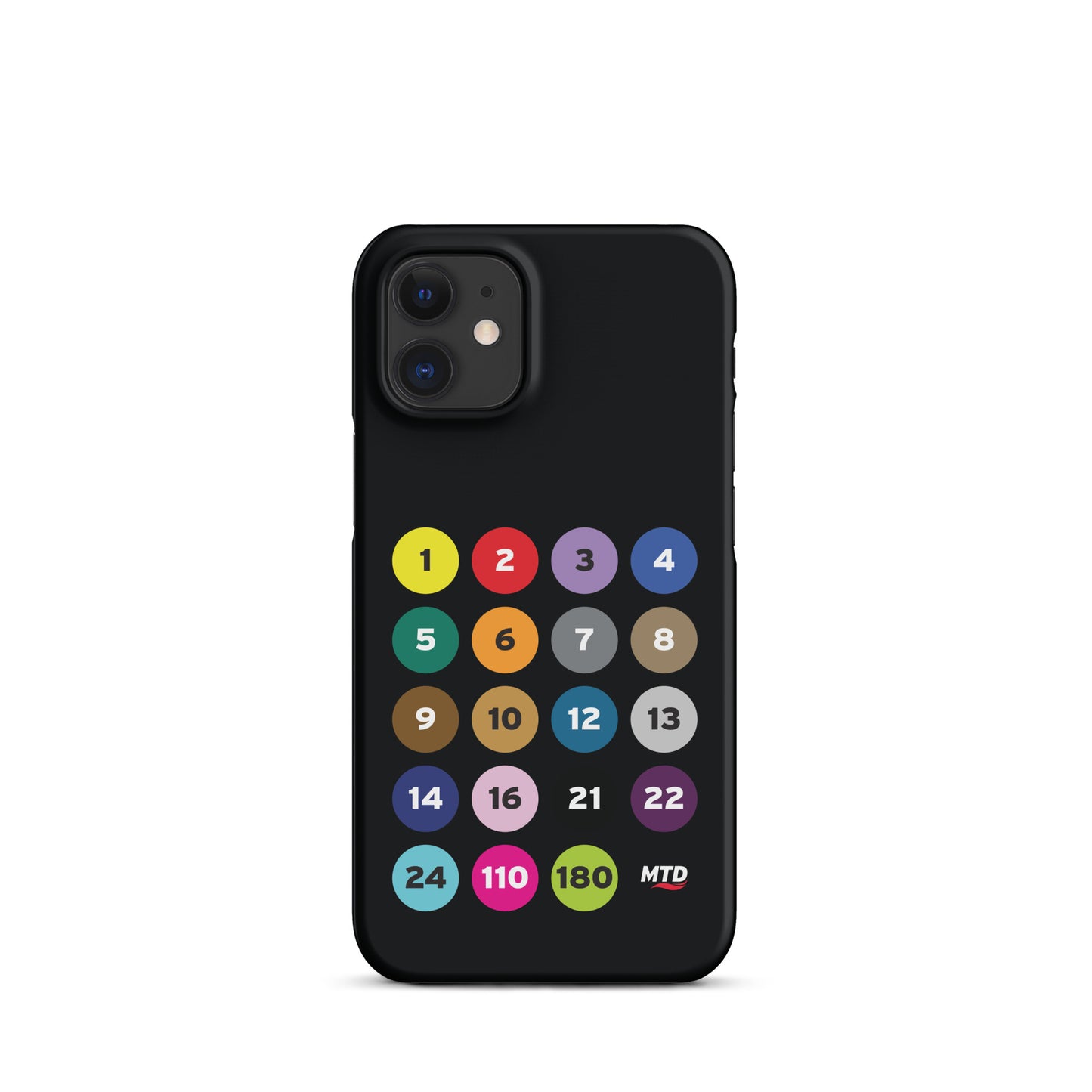 Black phone case with colorful circles and numbers representing MTD routes.