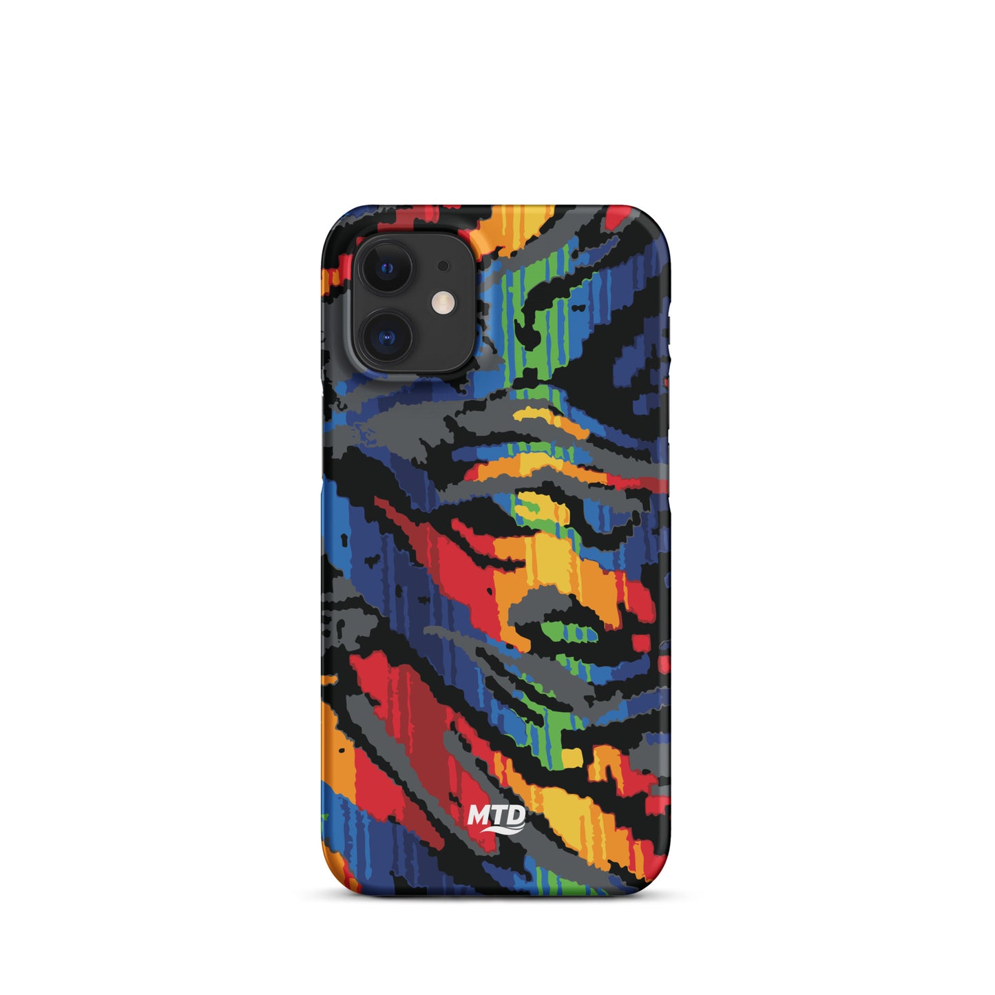 Phone case with colorful MTD bus seat pattern.