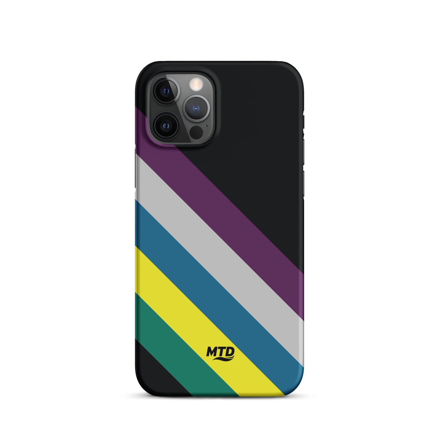 Black phone case with five colored lines running diagonally in the center.