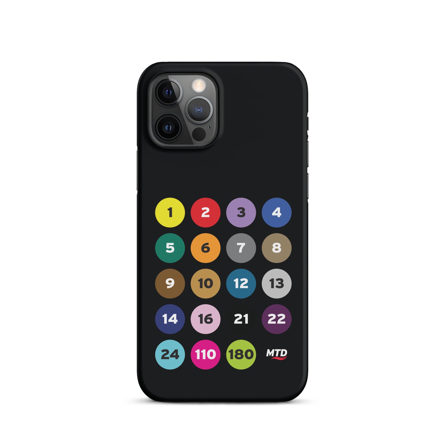 Black phone case with colorful circles and numbers representing MTD routes.