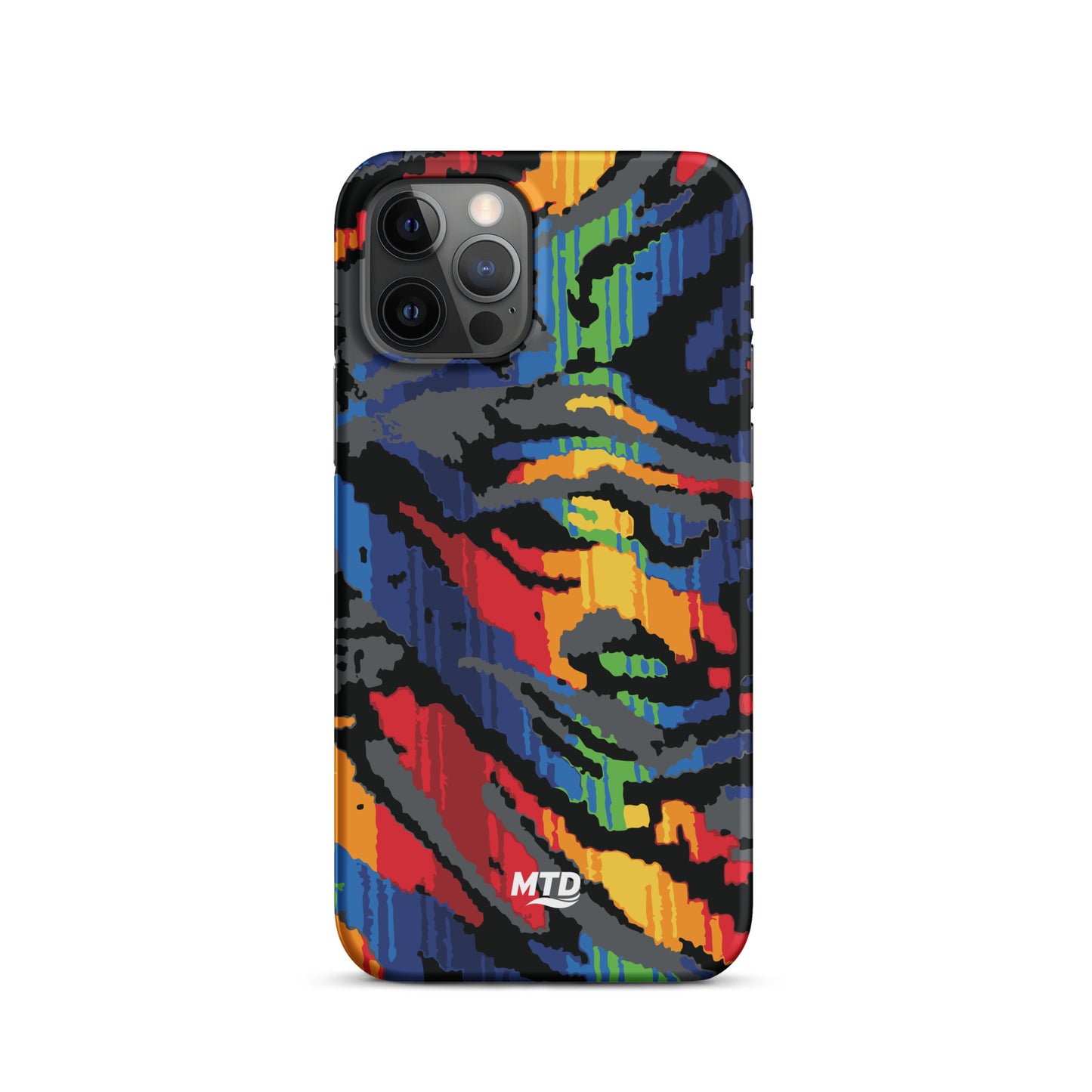 Phone case with colorful MTD bus seat pattern.