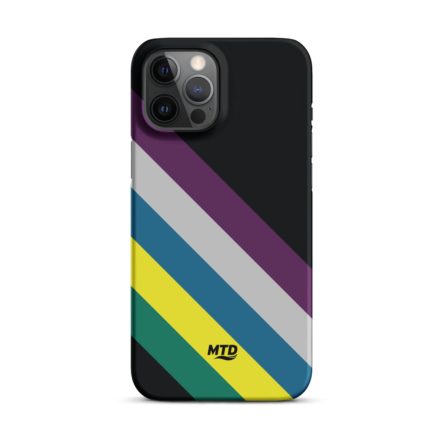 Black phone case with five colored lines running diagonally in the center.