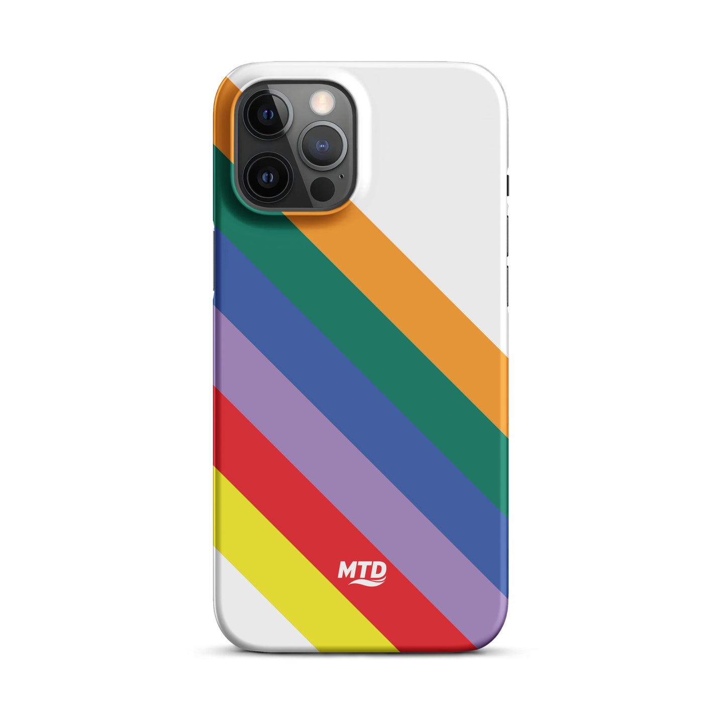 White phone case with six colored lines running diagonally in the center.